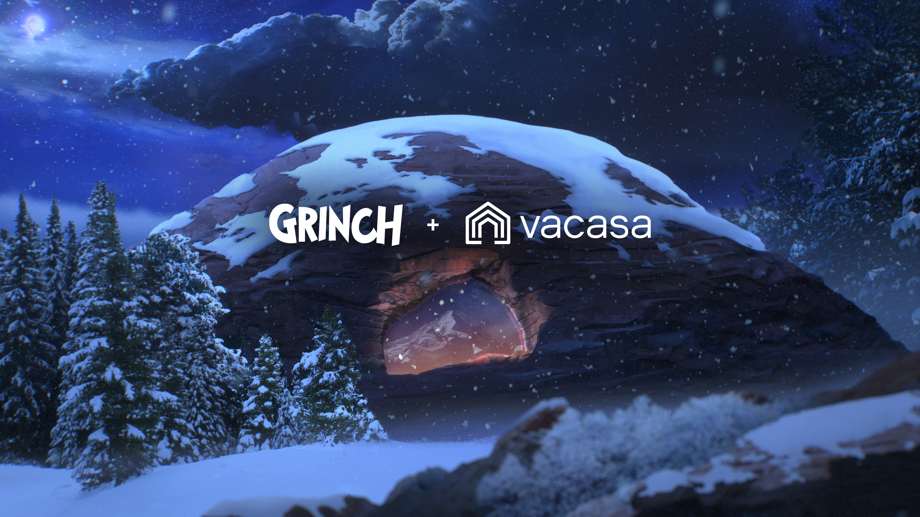 Grinch + Vacasa logos, with a cave in the background at night