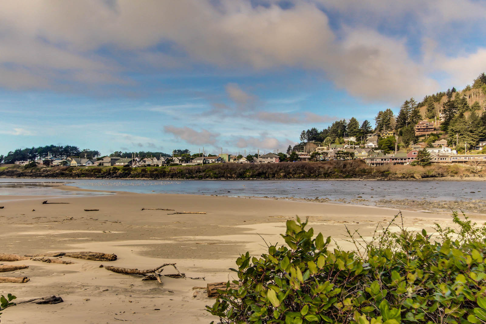 A beach in Yachats, Oregon lined with vacation rentals.