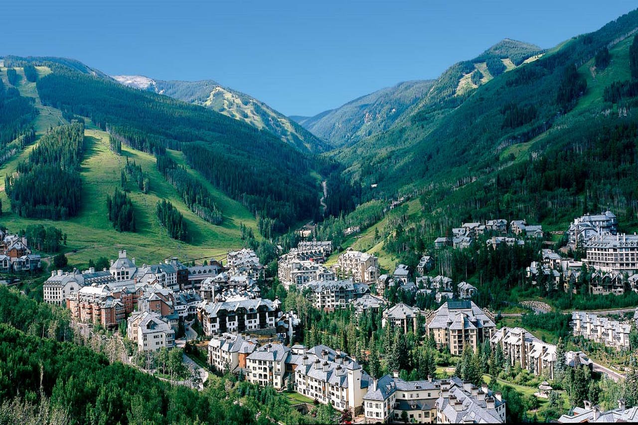 The town of Vail, Colorado surrounded by mountains