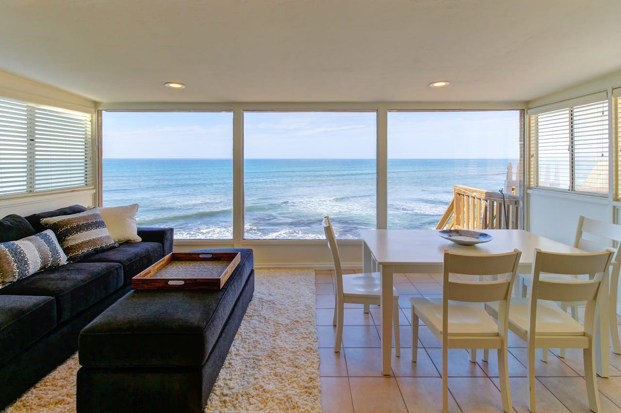 Vacation rental living area with ocean views in San Diego