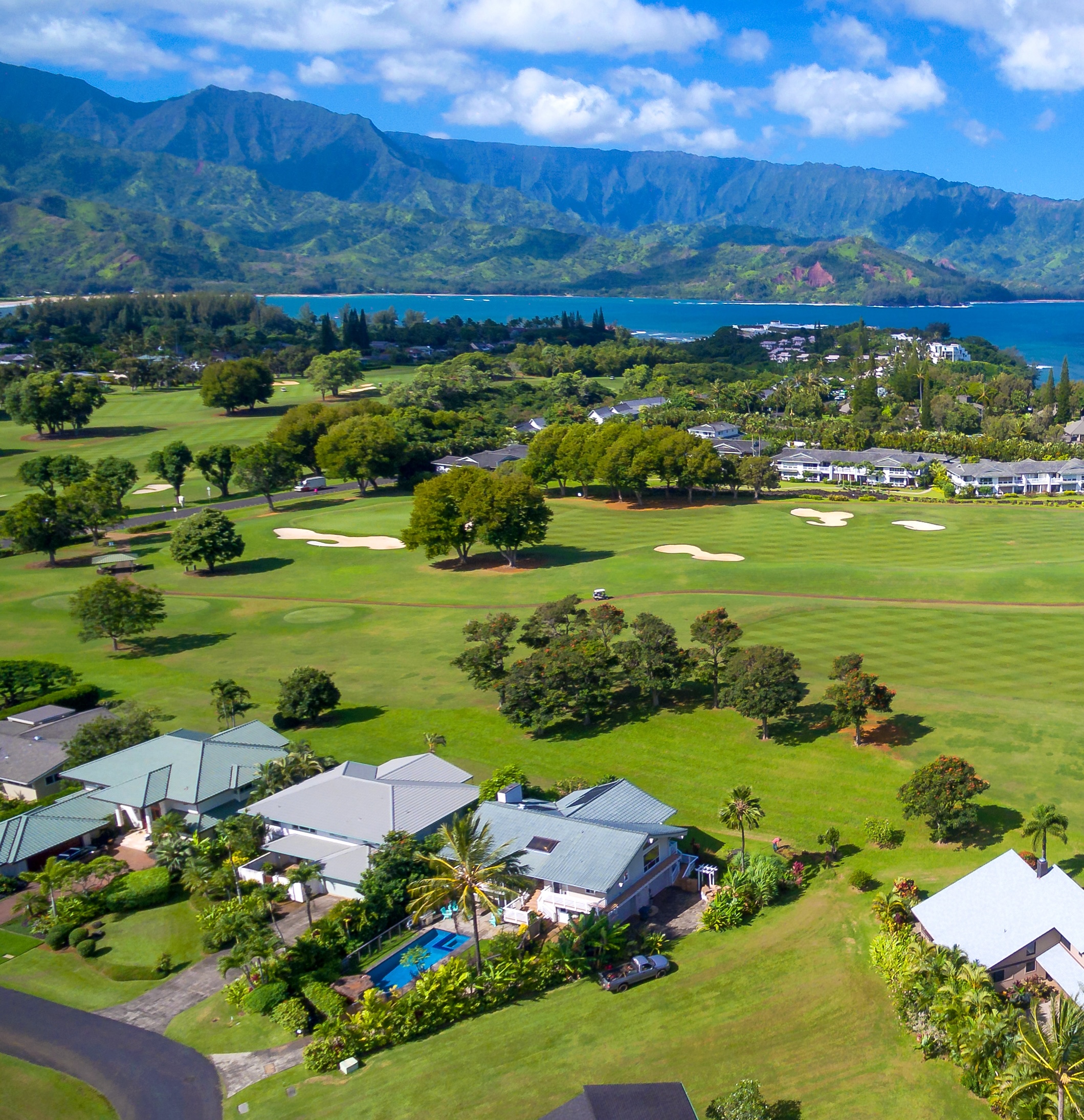Drone shot of a golf course in Kauai.