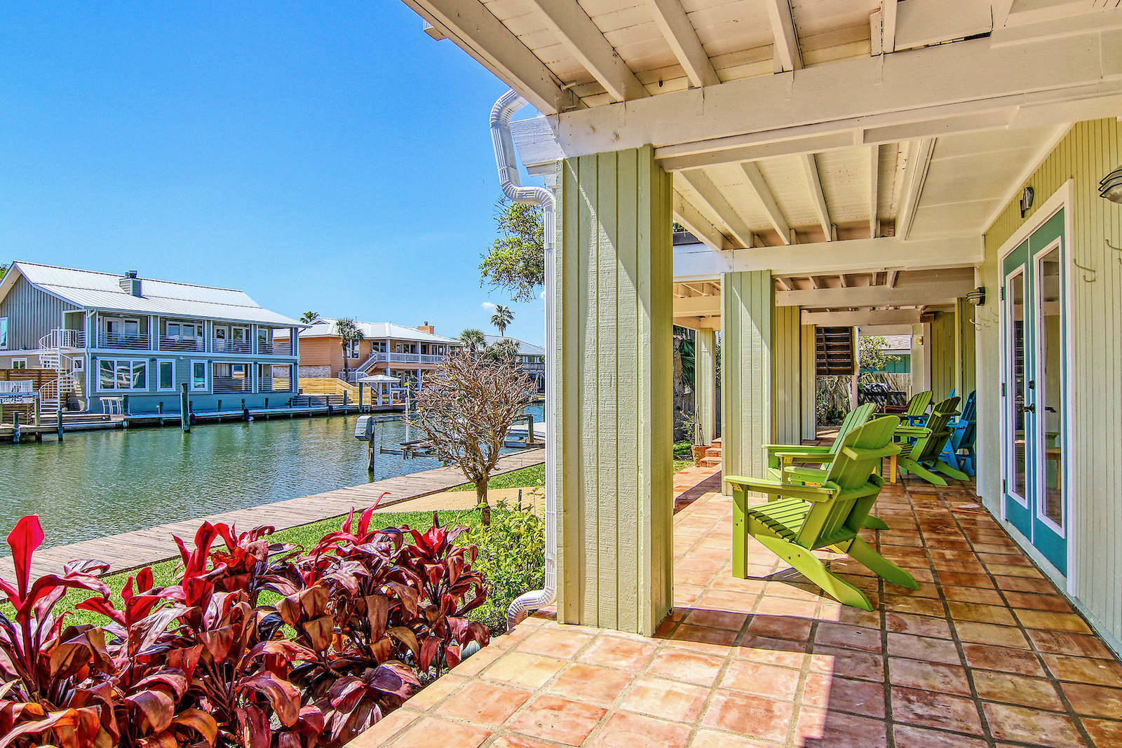 The back deck of a vacation home near the water in Rockport, TX.