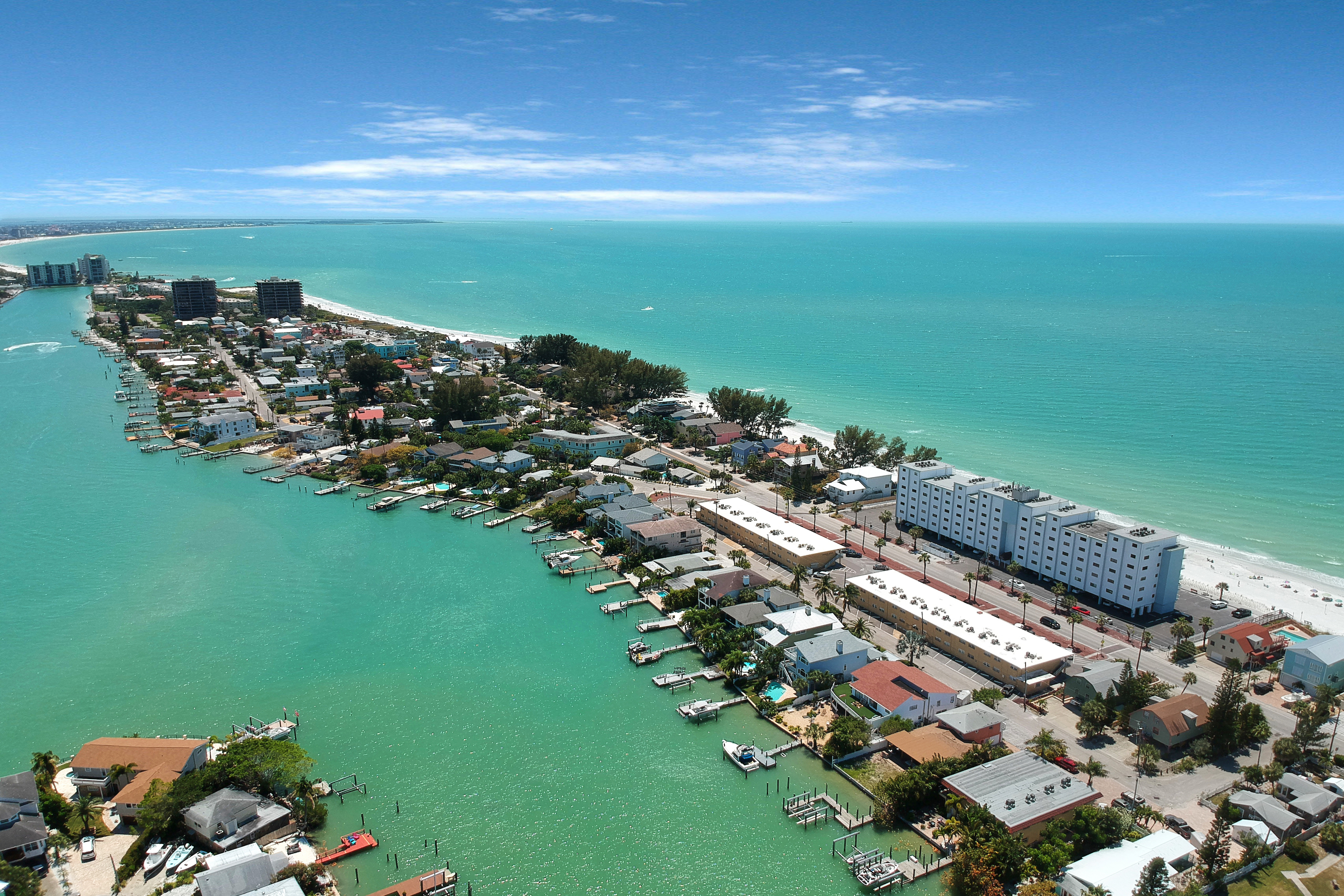 aerial view of Treasure Island, FL surrounded by blue green waters
