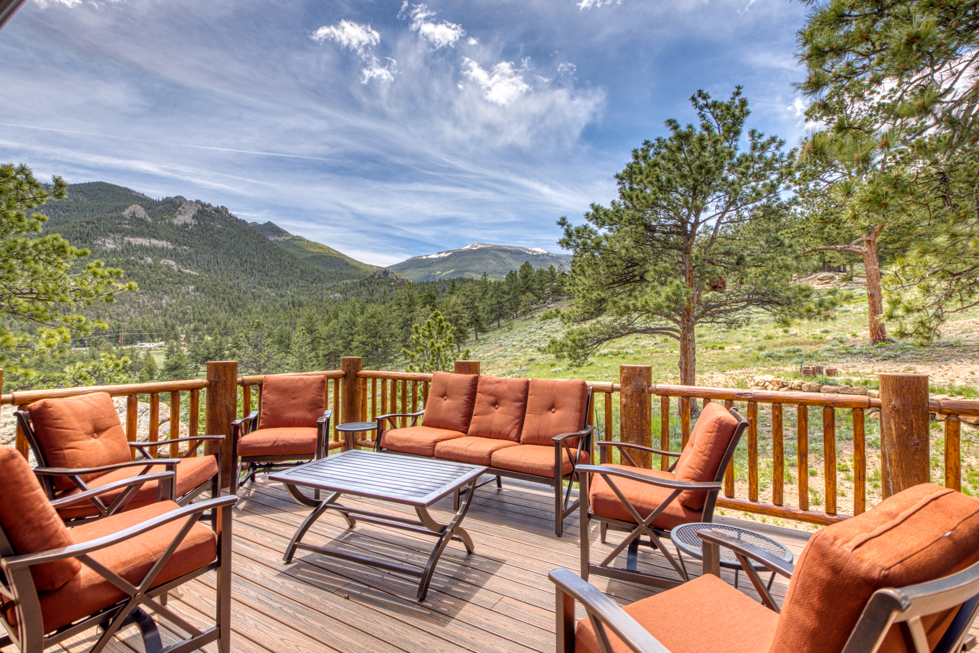 Vacation rental deck in Estes Park, CO with views of the mountains