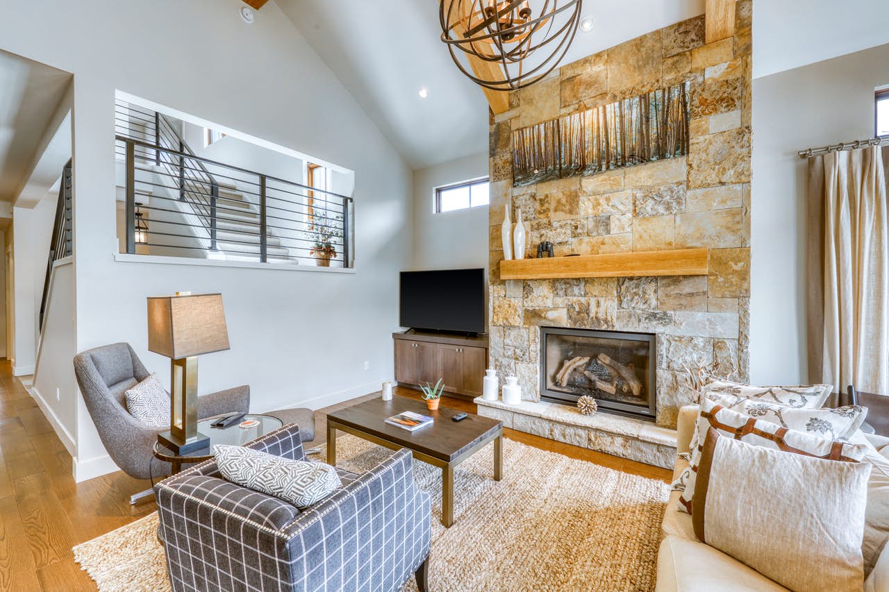 Riverfront cabin living area in Colorado