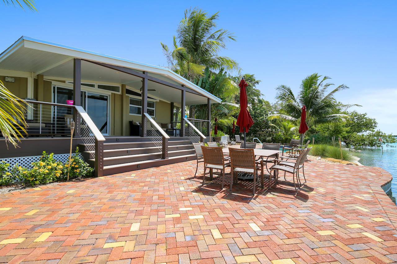 The back deck area of a vacation rental overlooking the bay in Key West, Florida.