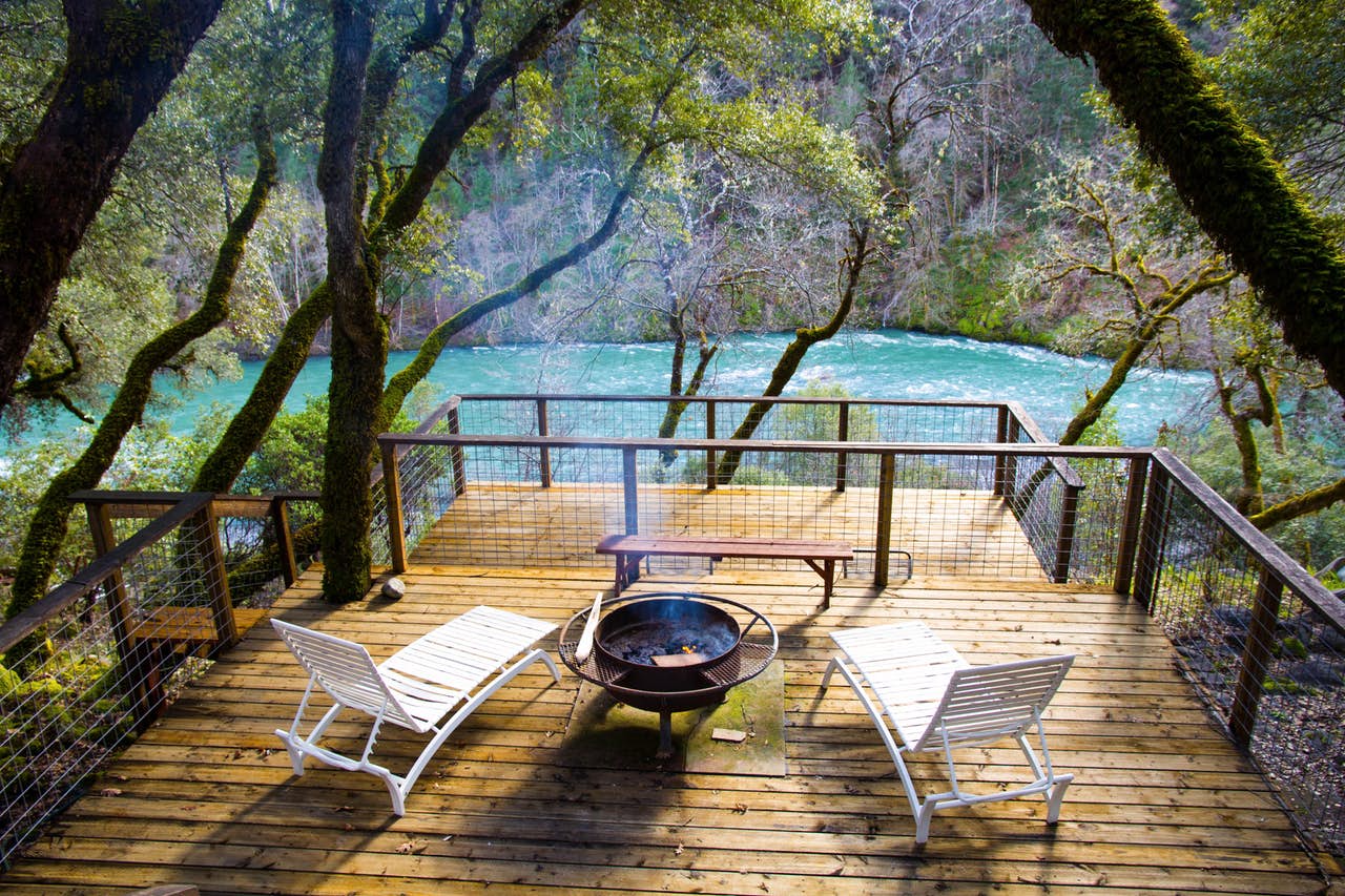 Back deck overlooks river in Hawkins Bar, CA