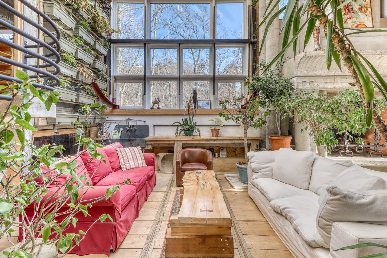 living room filled with live plants and comfy couches in Warren, VT vacation home