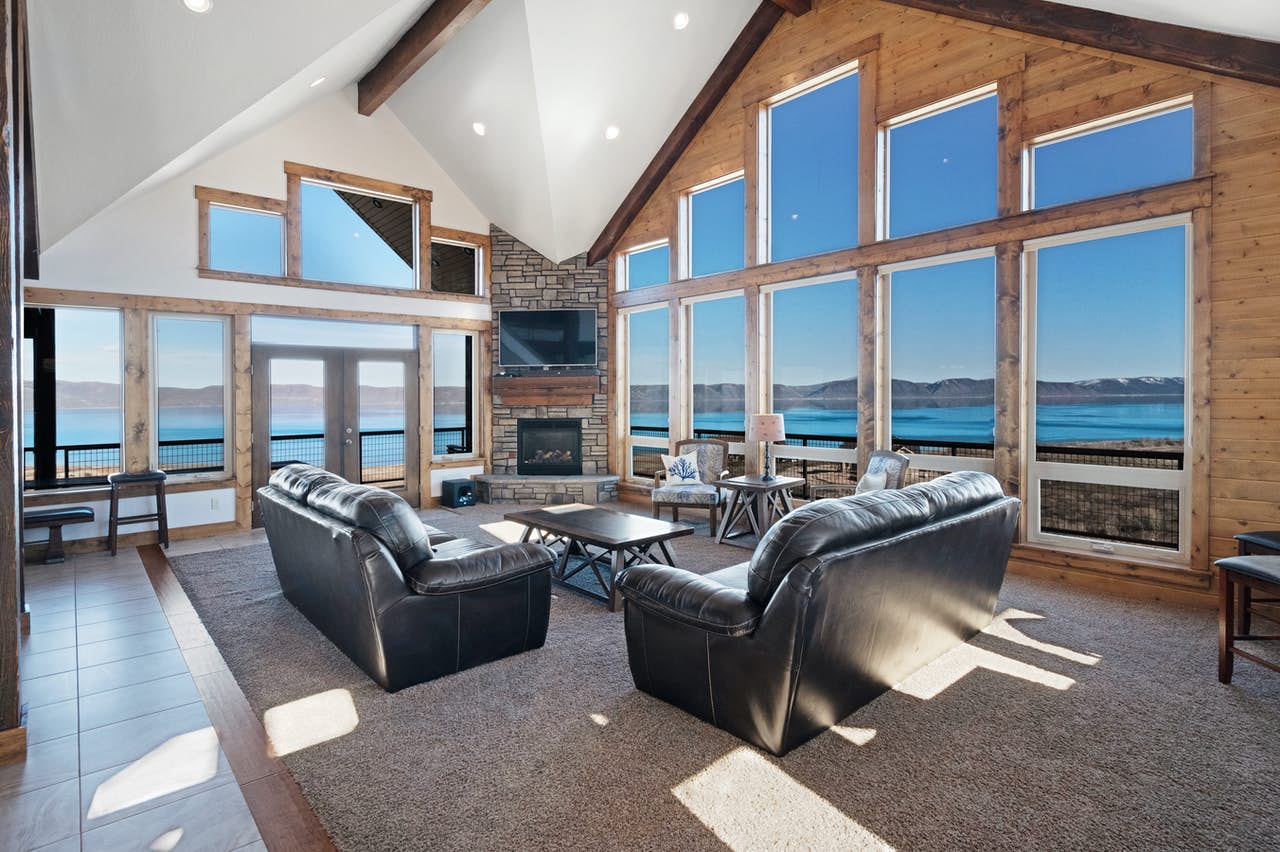 large open living space with fireplace in Fish Haven, ID beach home
