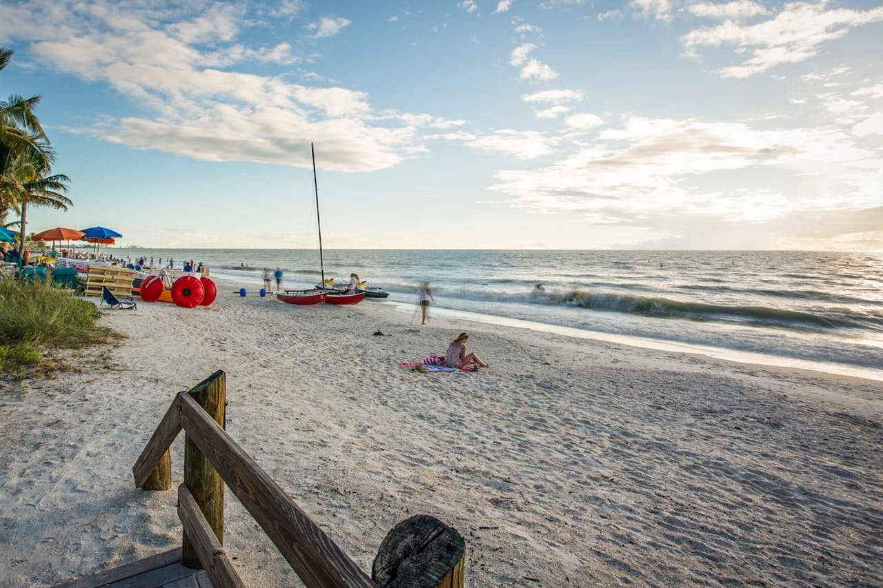 Busy beach in Bonita Springs, FL.