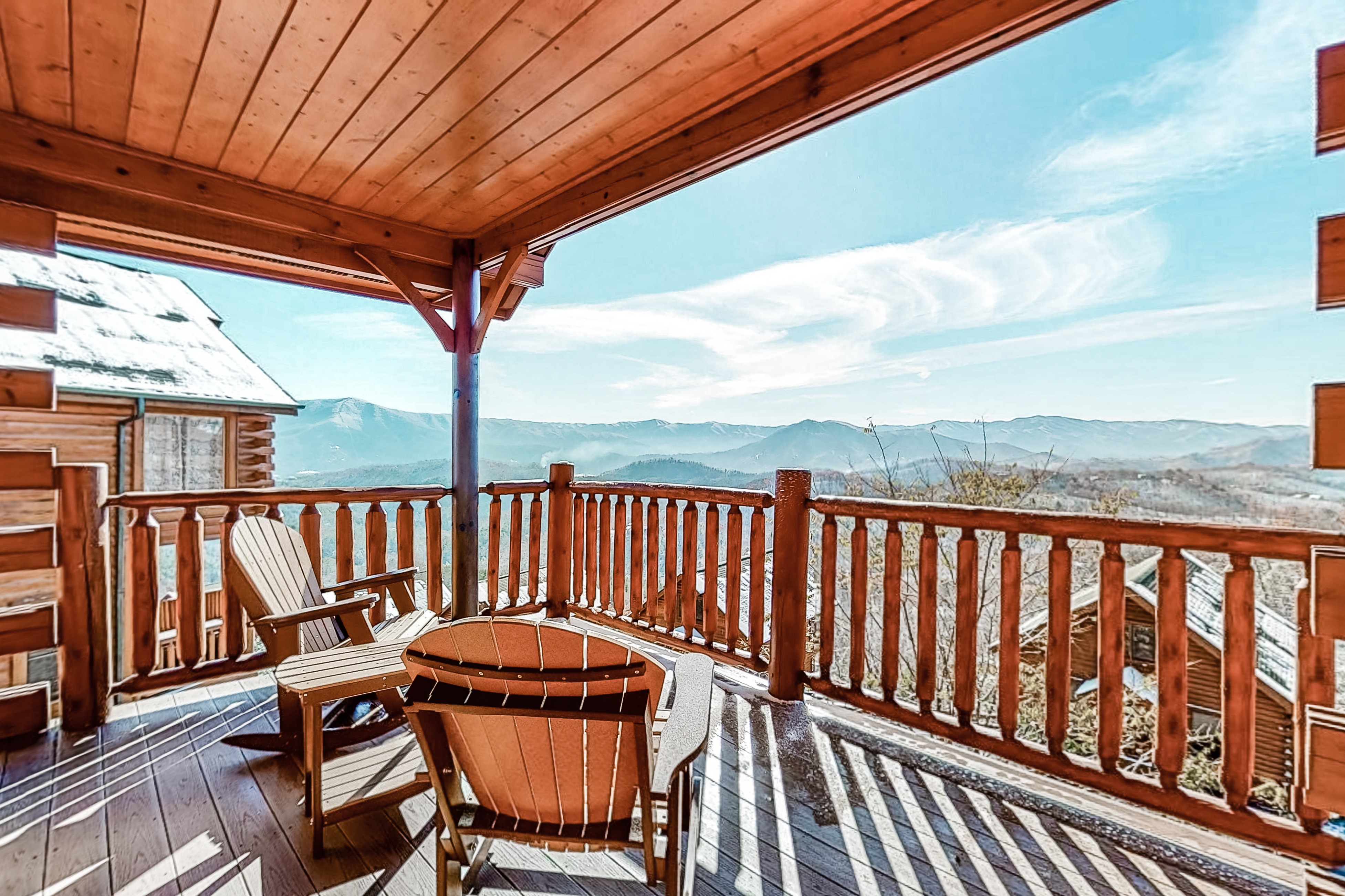 The deck overlooking the Smoky Mountains at a vacation rental in Sevierville, TN