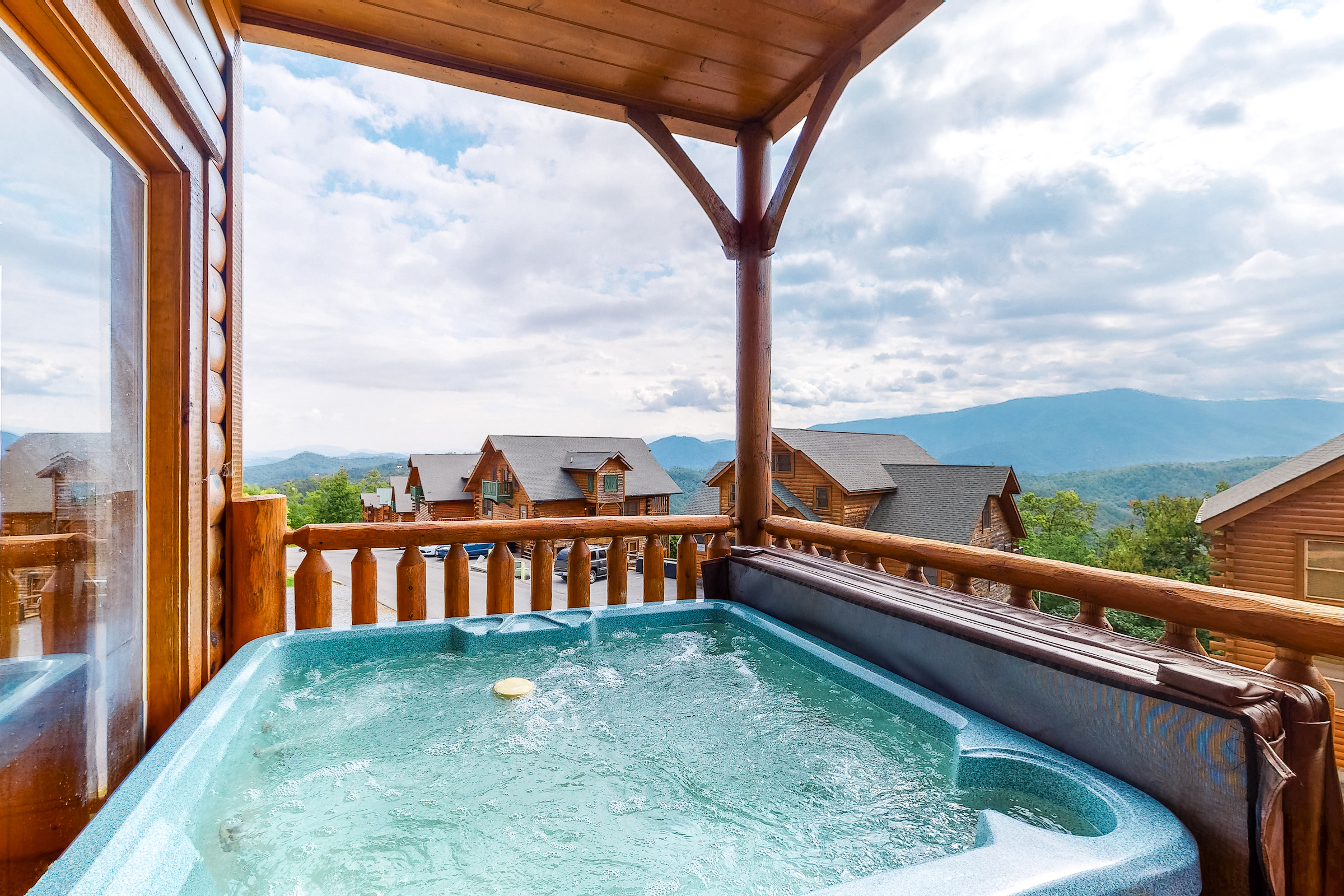 The hot tub at a vacation rental overlooking the Smoky Mountains in Pigeon Forge, TN.