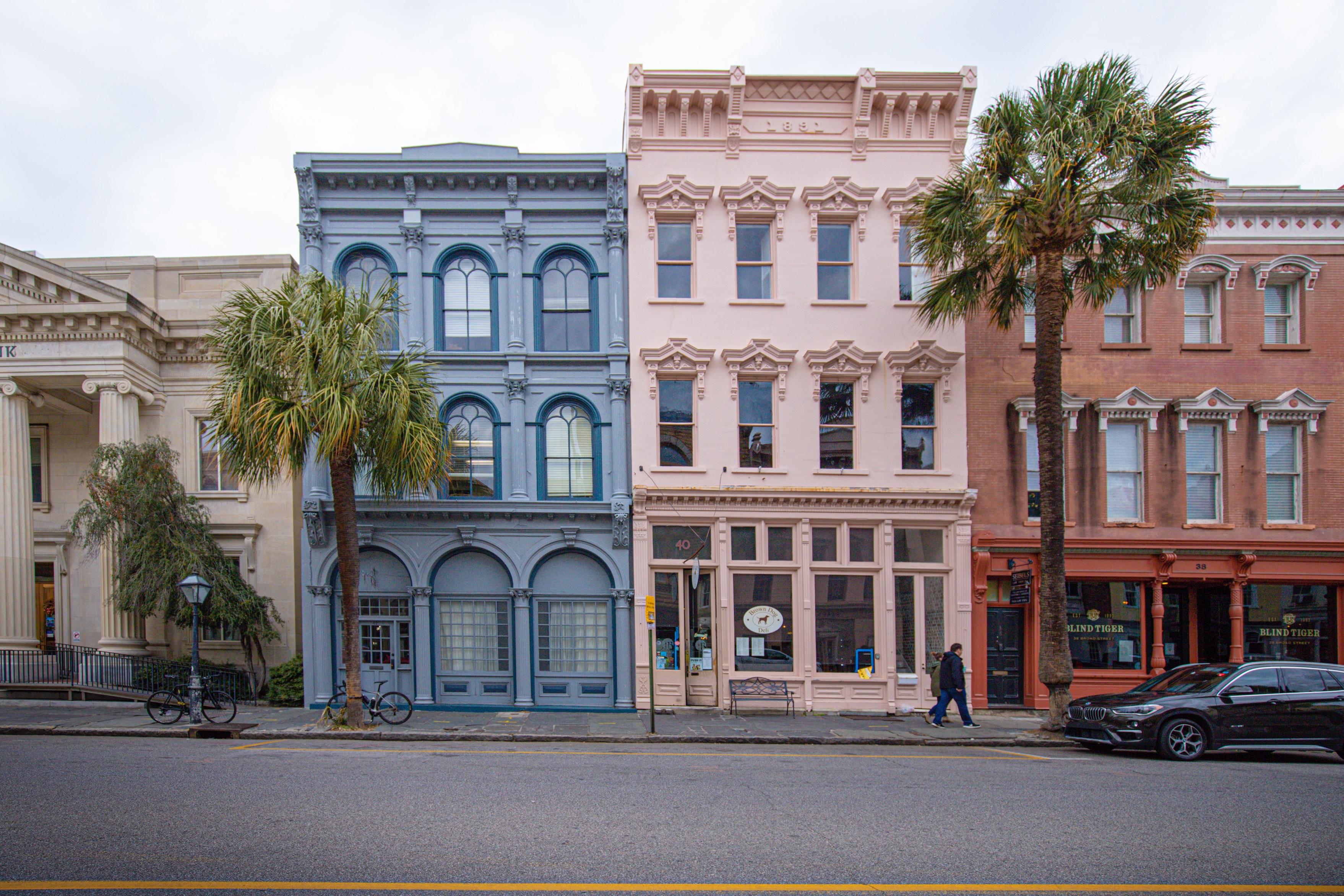 biege, blue, pink, and red brick downtown charleston row houses