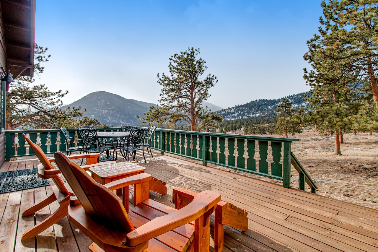 View from the porch of the mountains at a vacation rental cabin in Estes Park.