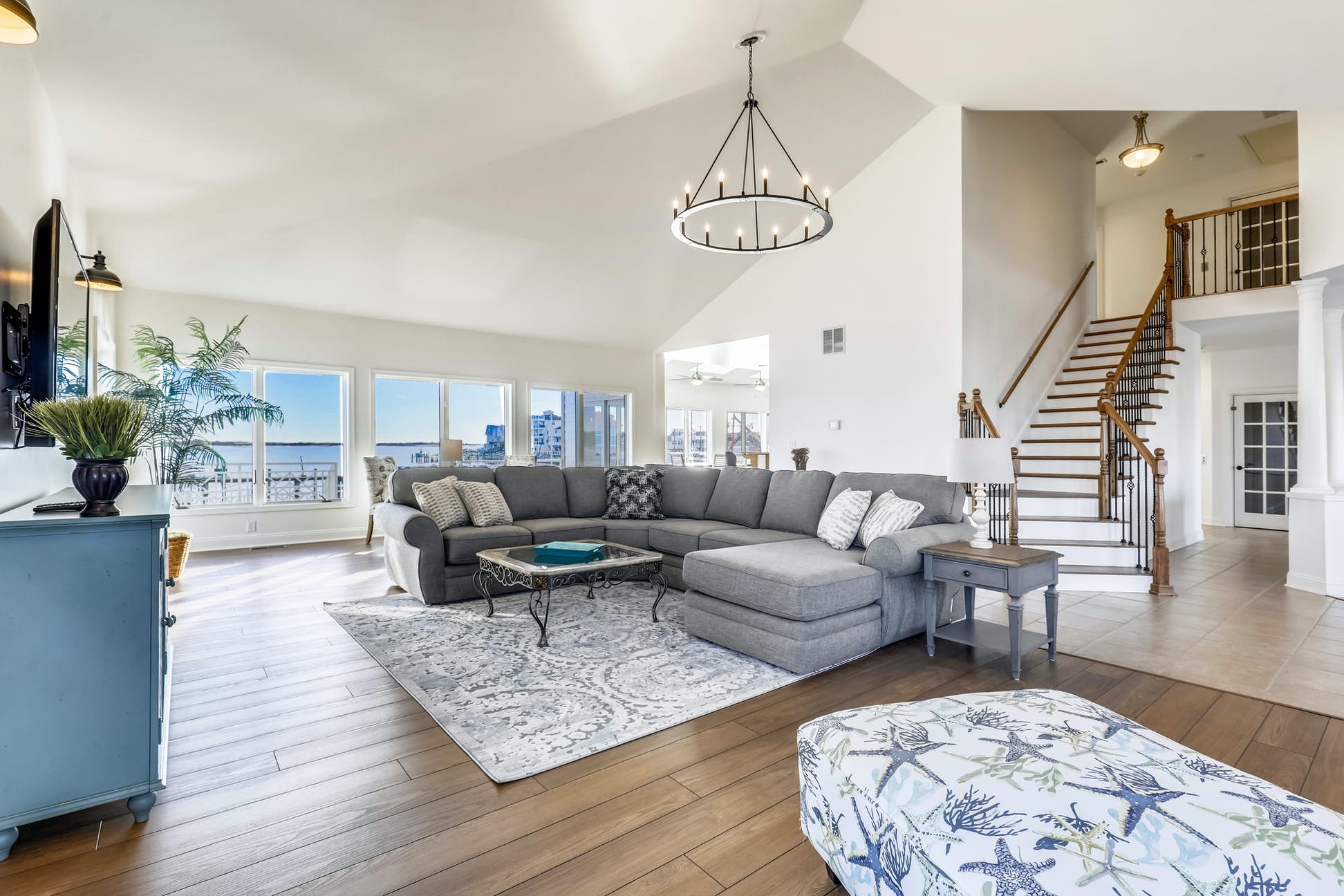 interior of Ocean City, MD vacation home decorated in coastal hues