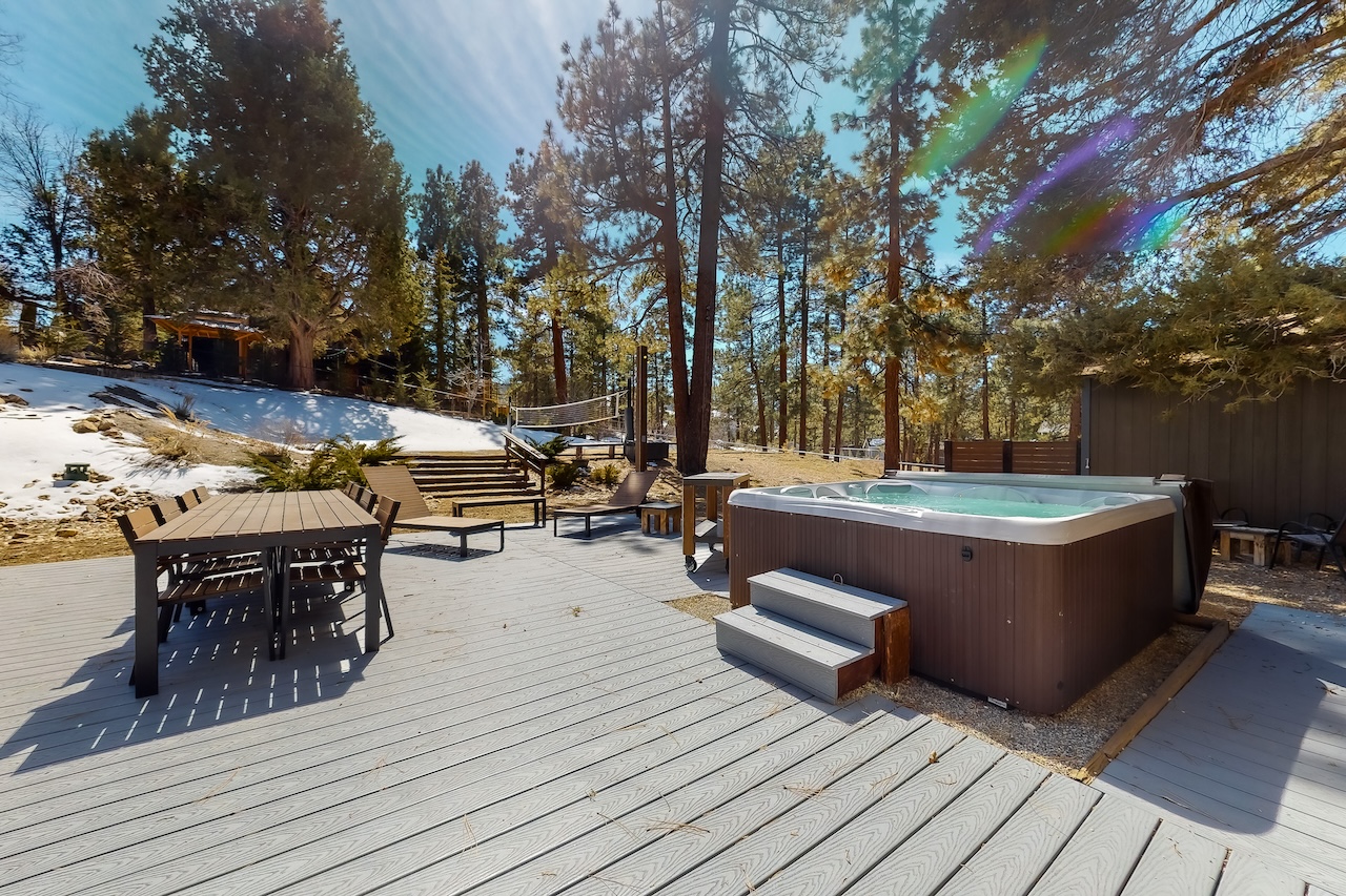 The hot tub area at a Big Bear Lake vacation rental.