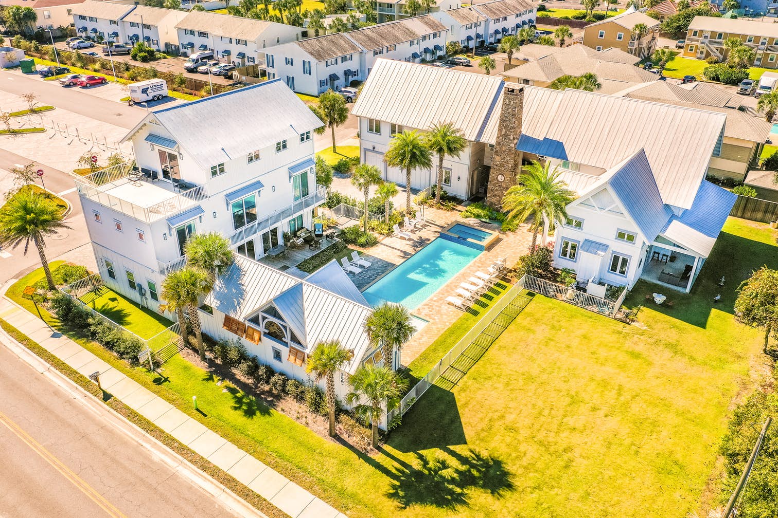 large event rental with several buildings and an outdoor pool