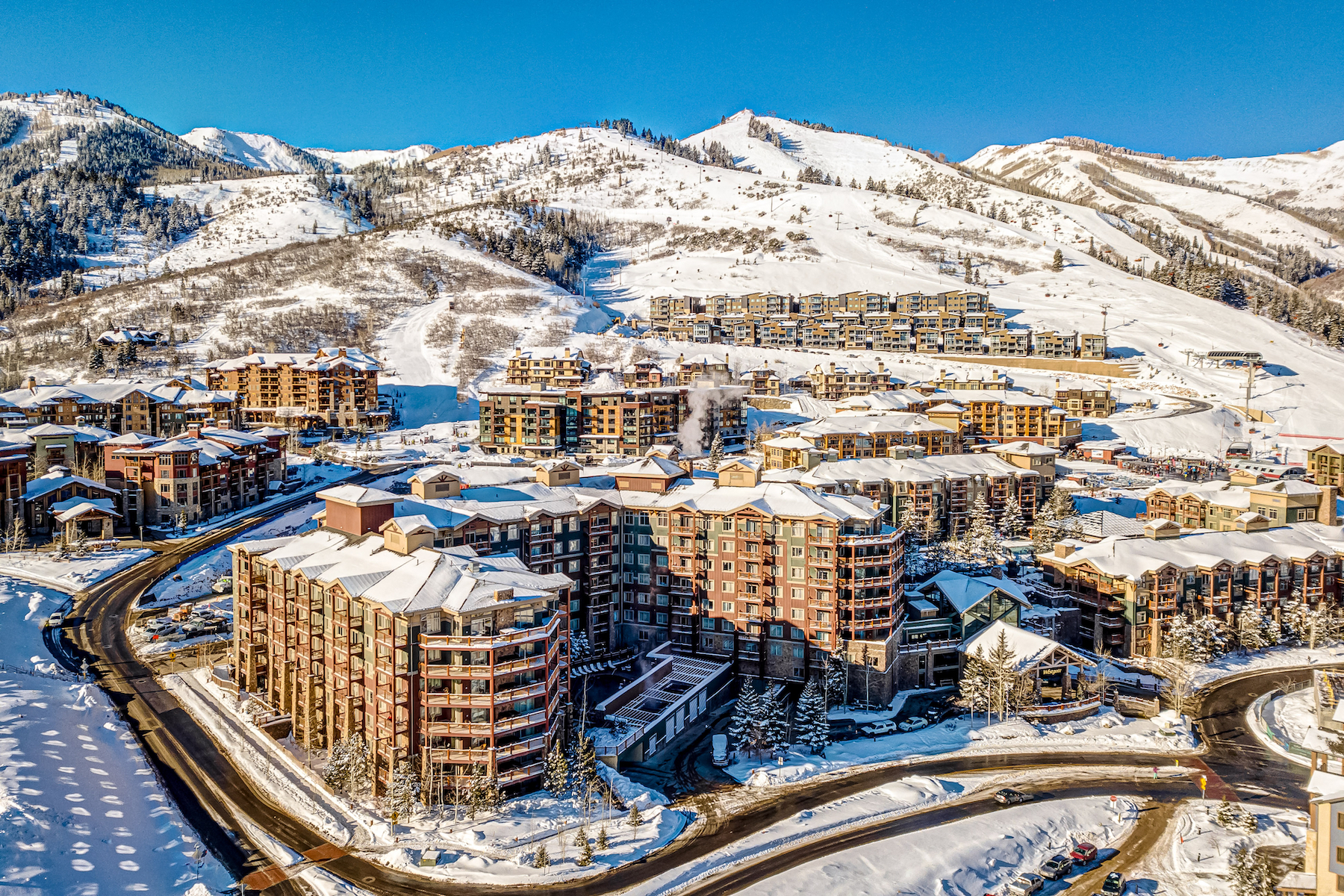 Birdseye view of Canyons Village in Park City with ski-in/ski-out vacation rentals.