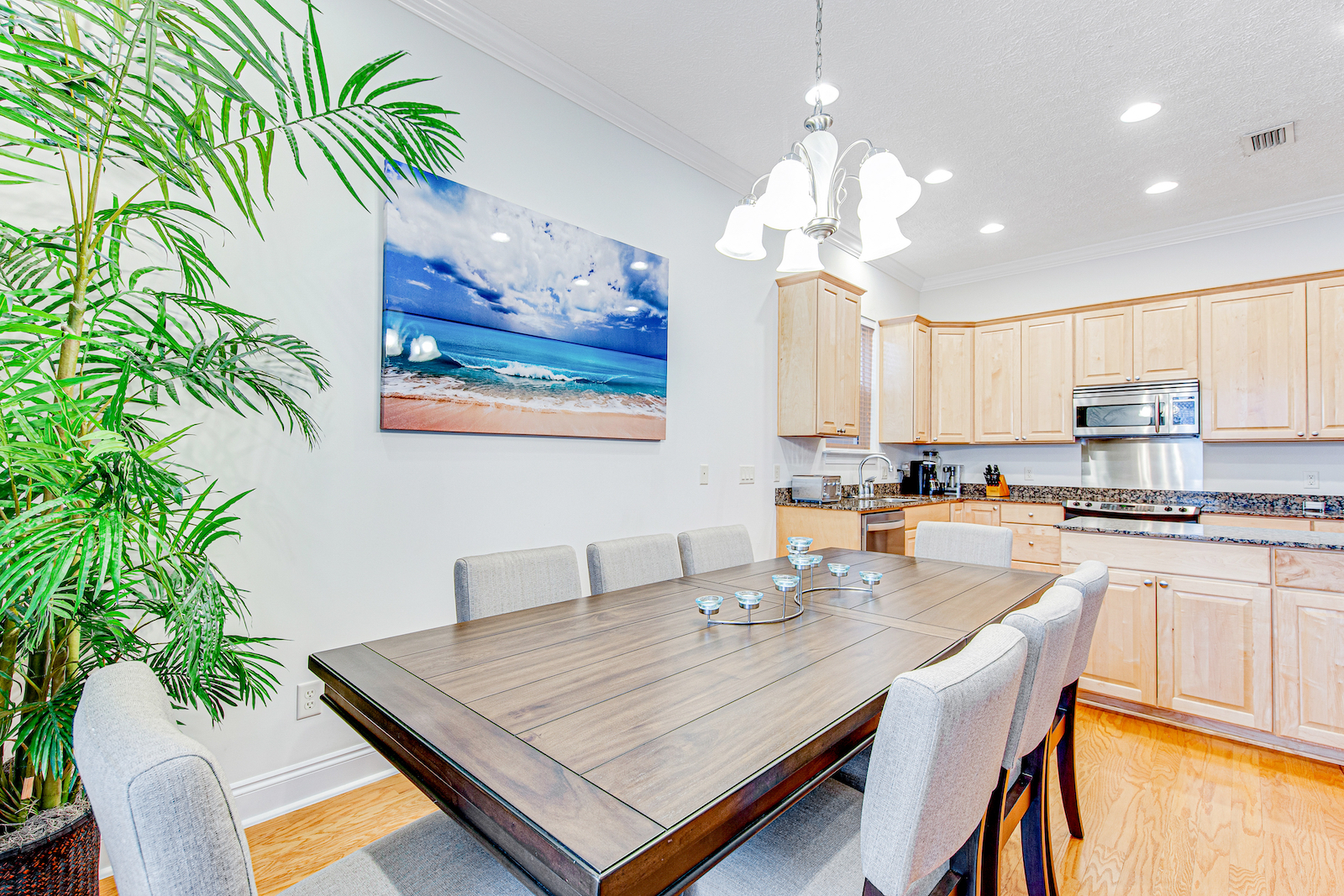 The dining area and kitchen of a Panama City Beach vacation rental.