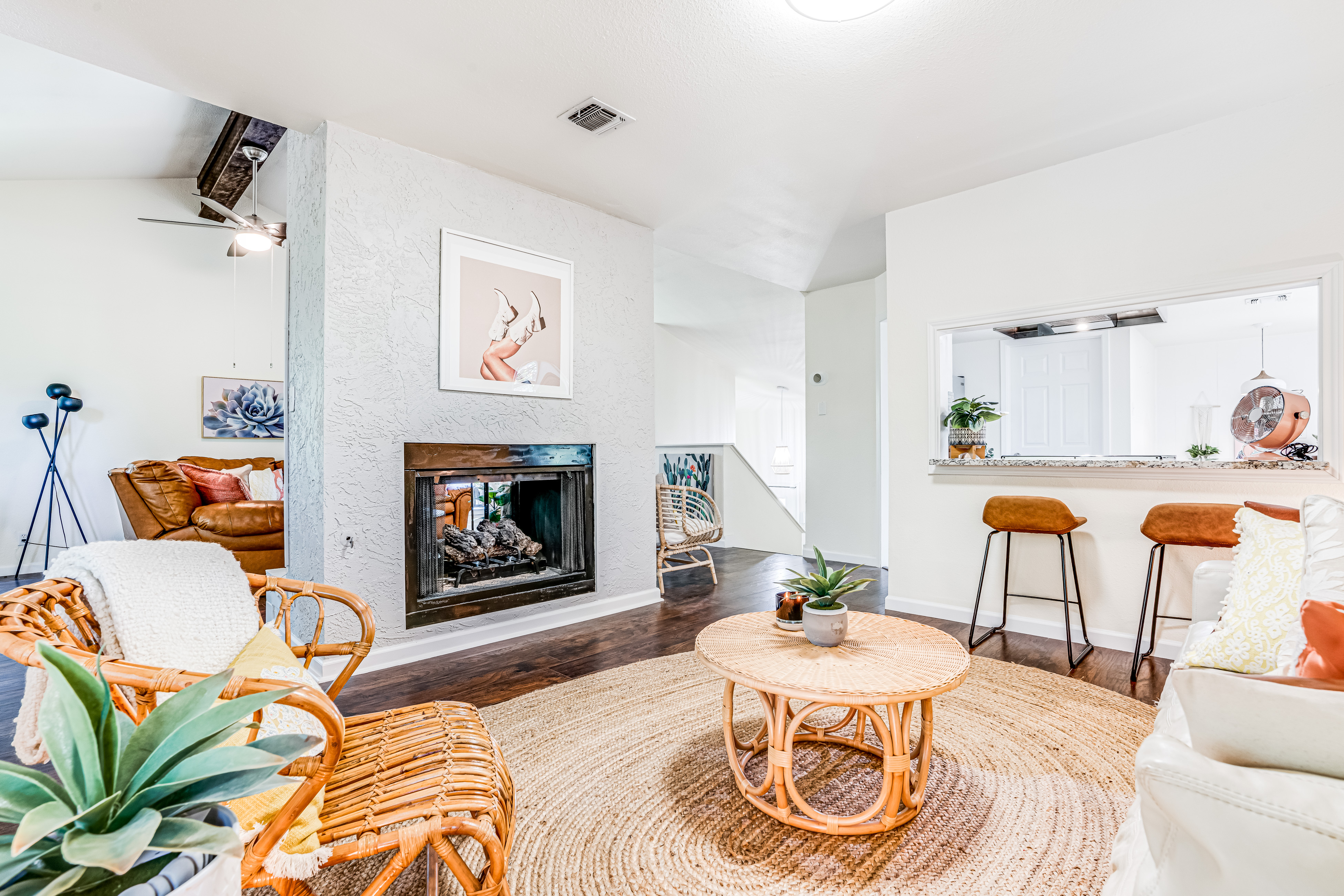 Vacation home living room with an indoor fire place