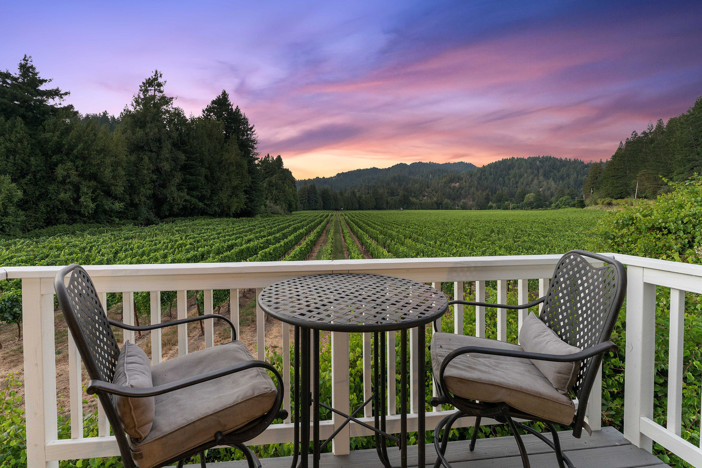 The deck of a romantic vacation rental in Guerneville, California.