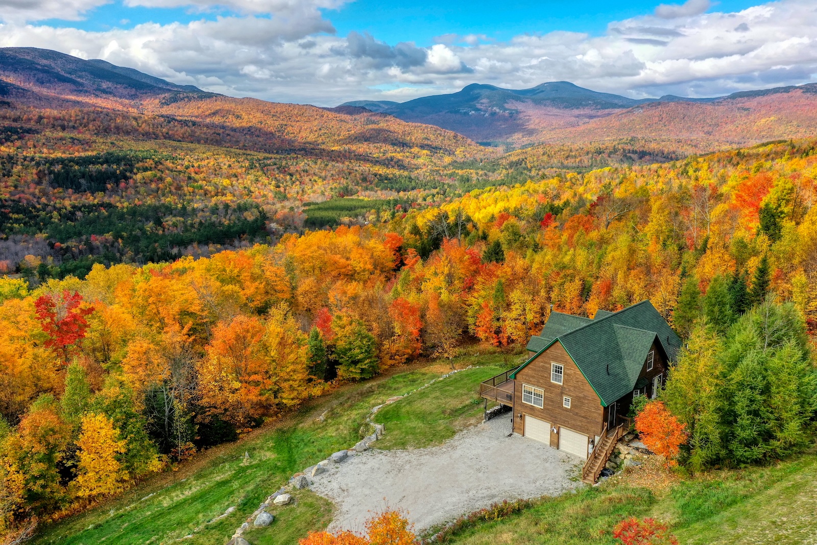 Drone shot of a rental in Newry, ME with fall foliage.