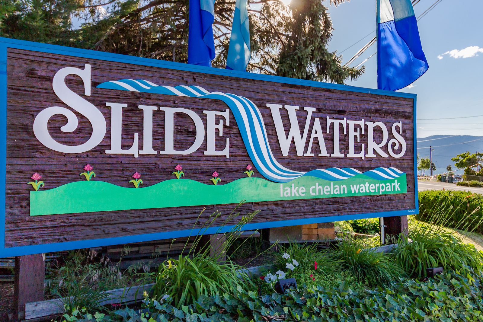 The Slide Waters waterpark sign in Lake Chelan