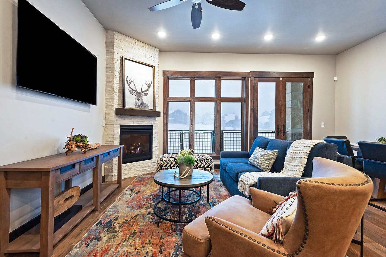 white stone fireplace inside of Park City, UT vacation rental