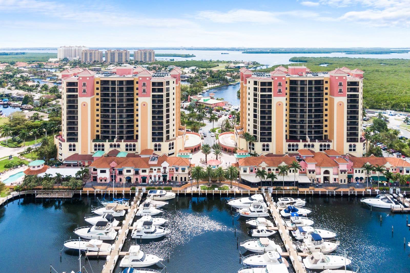 Condo buildings and a marina in Cape Coral, Florida