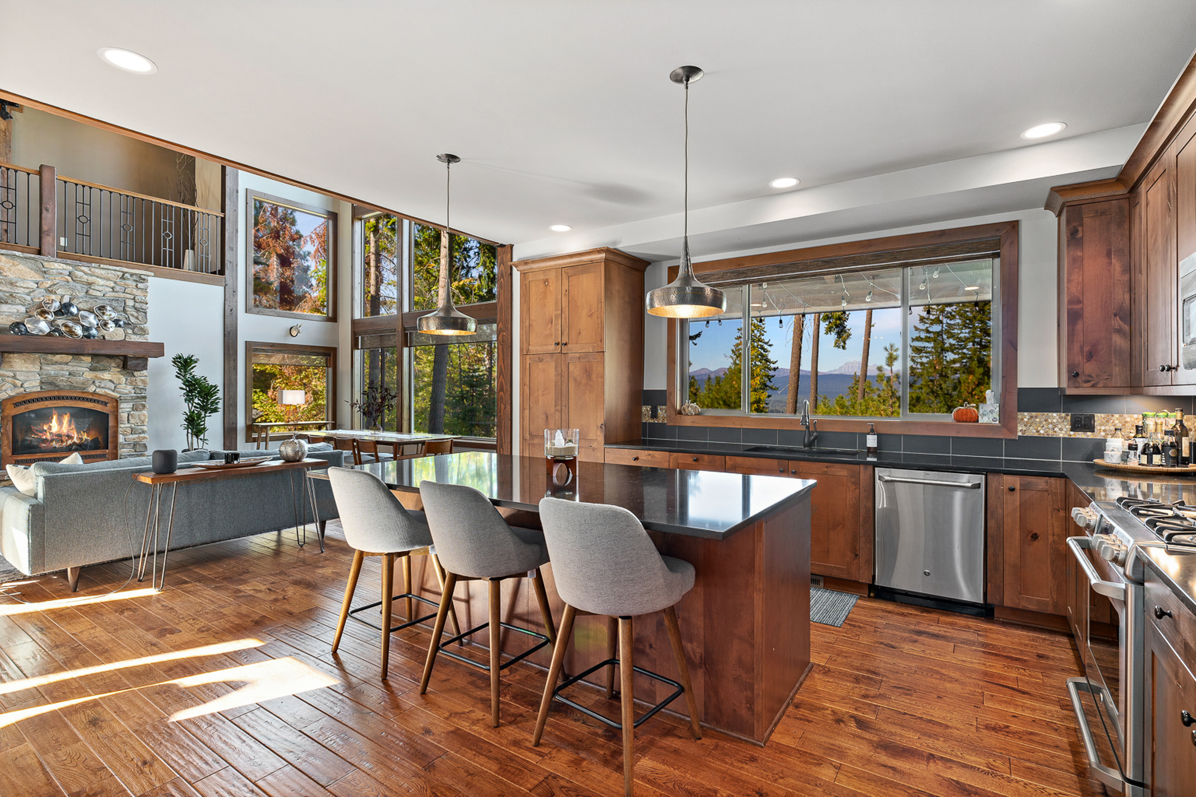 dark wood and accented kitchen with beautiful views