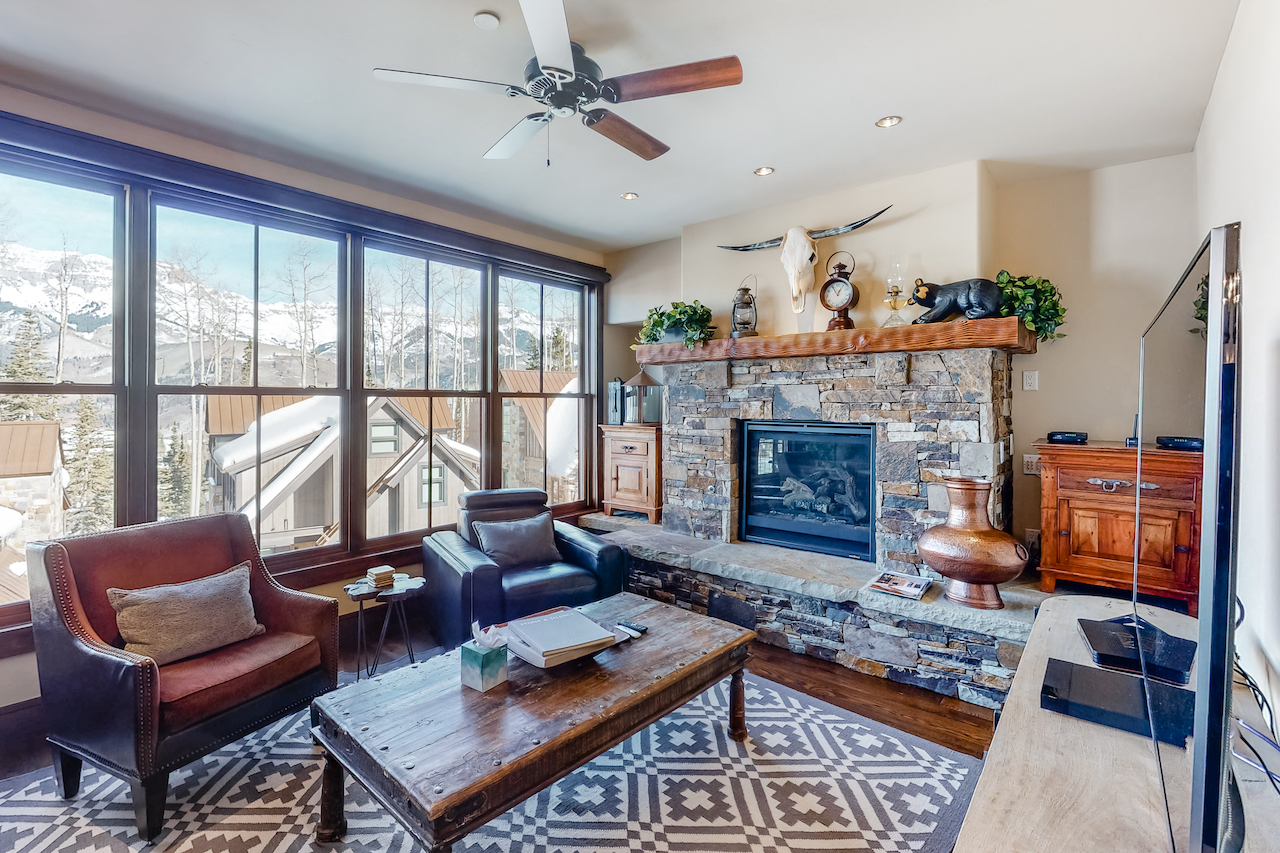 The living room with elegant design at a Mountain Village, CO rental.