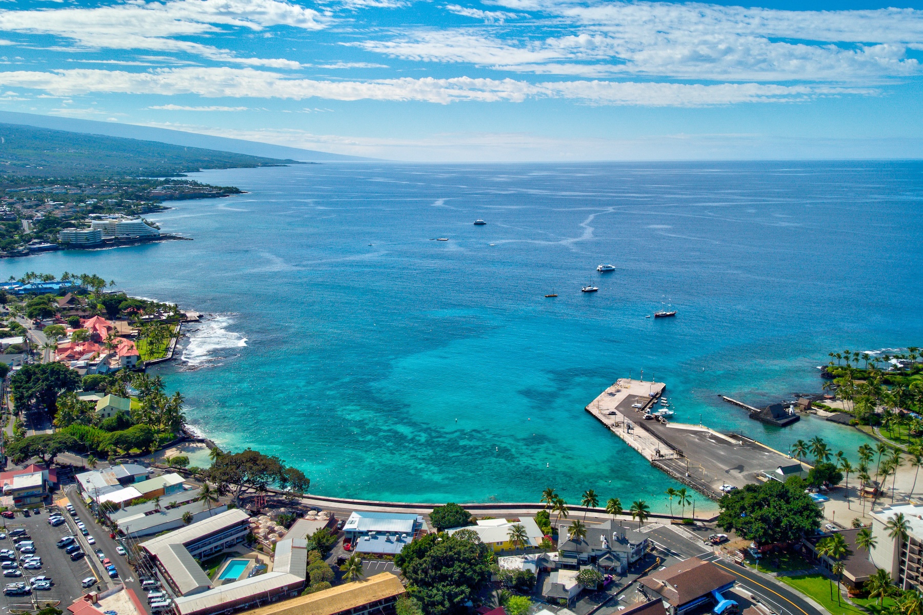 Drone shot of the ocean and Kailua-Kona.