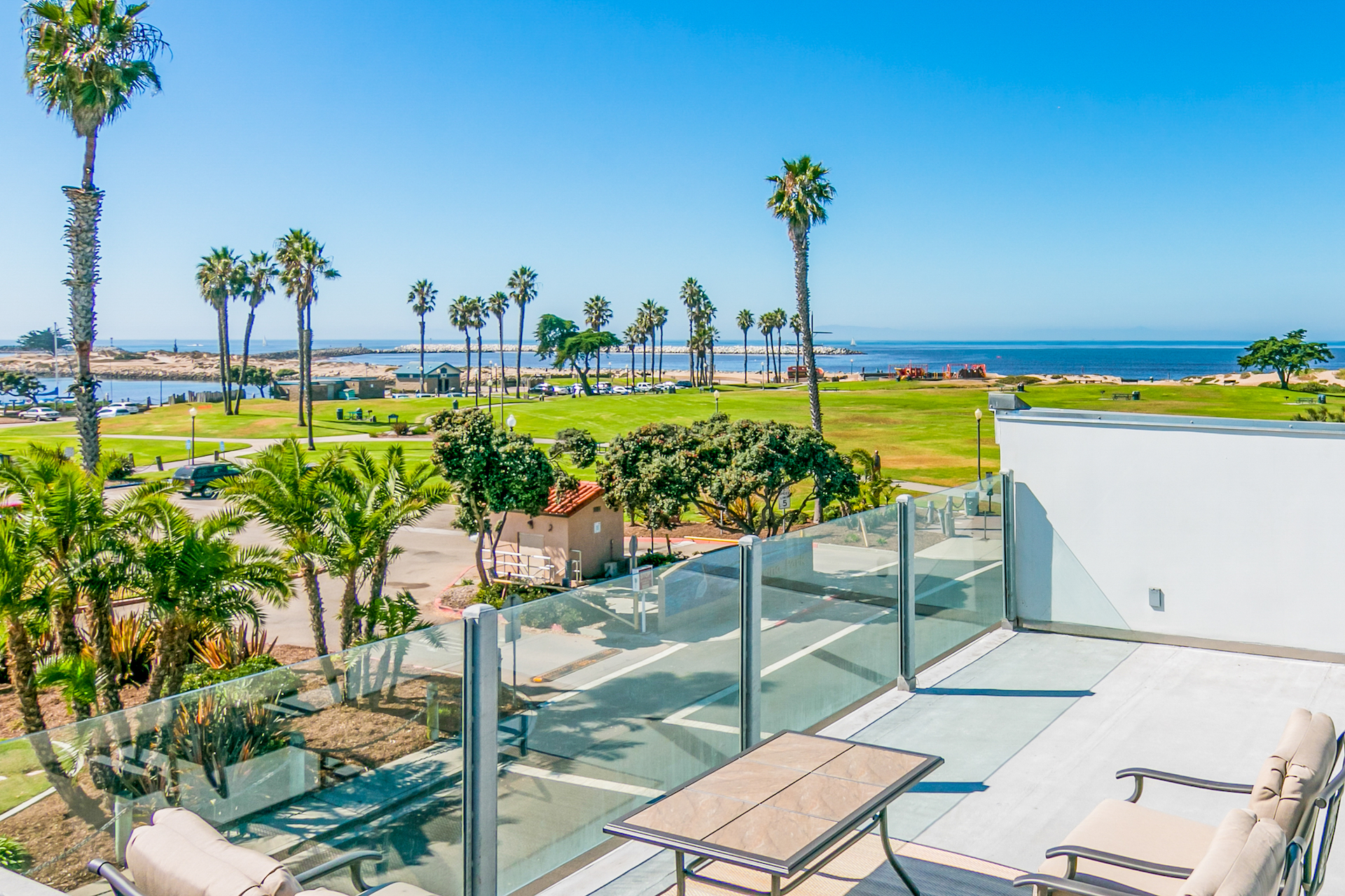 View from a balcony overlooking the beach in Ventura, CA.