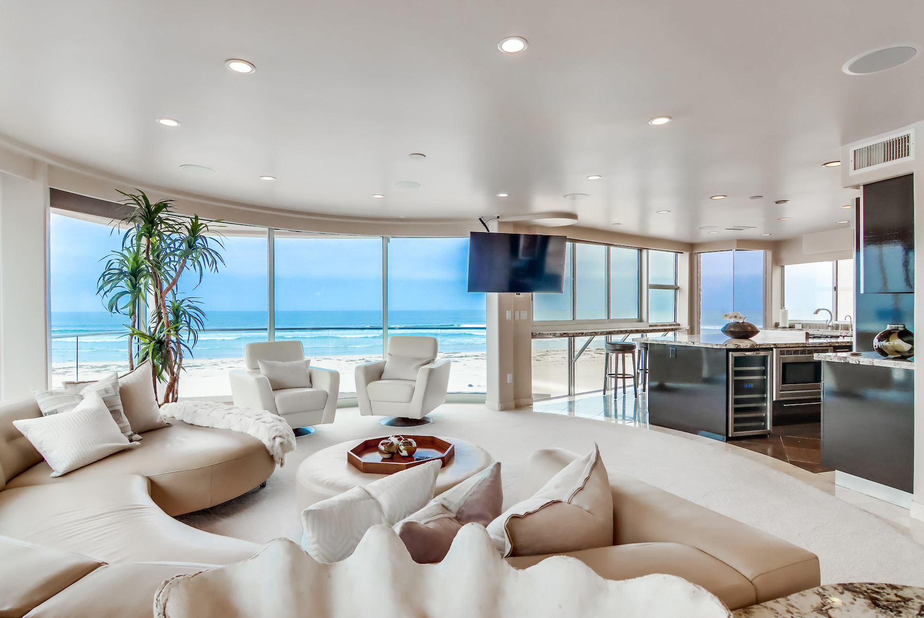 The living room of a luxury vacation rental on the coast in San Diego, CA.
