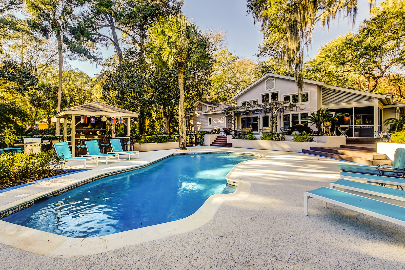 The pool area of a pet-friendly vacation rental in Hilton Head, SC.