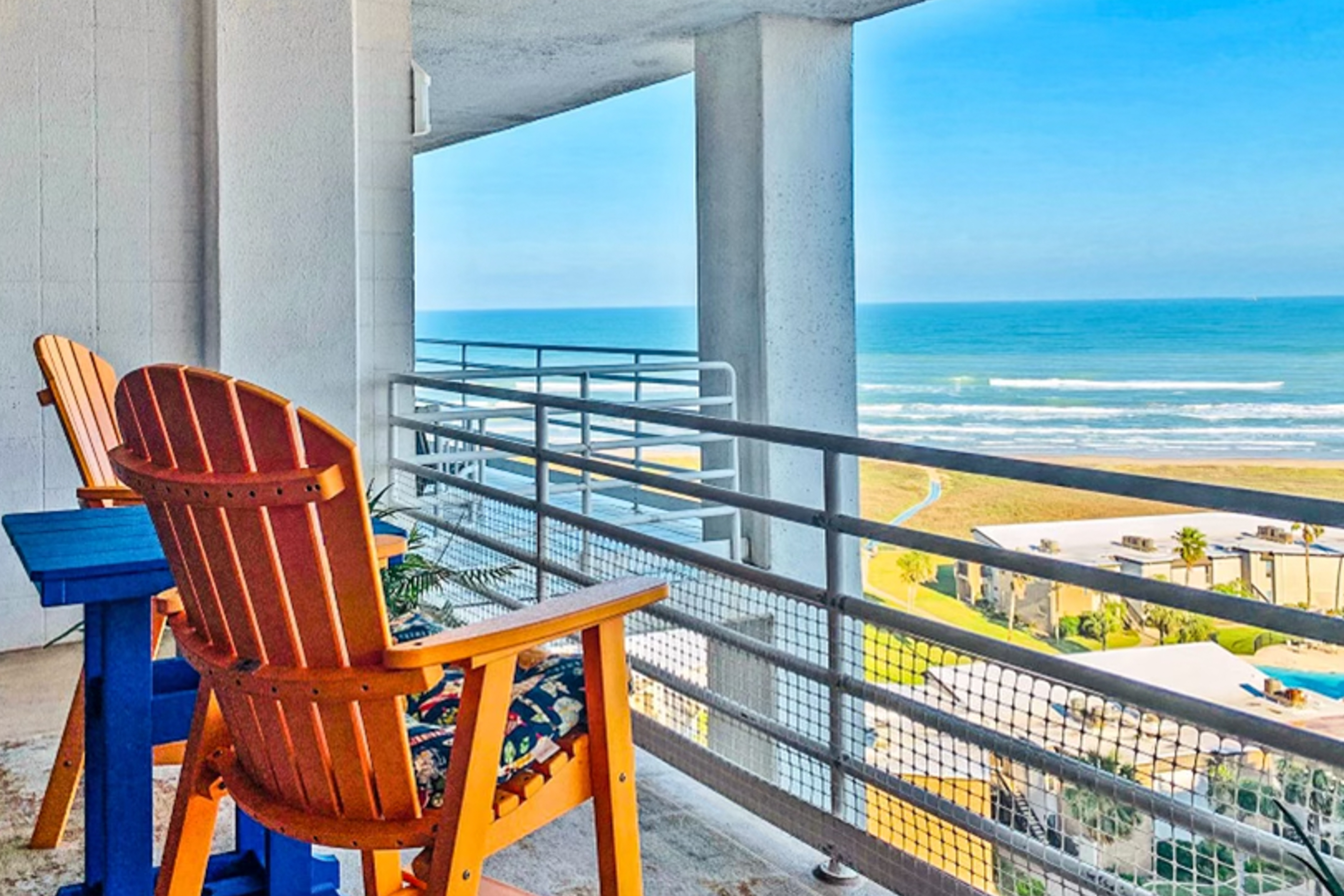 The deck and view of the ocean as seen at a vacation rental in South Padre Island.