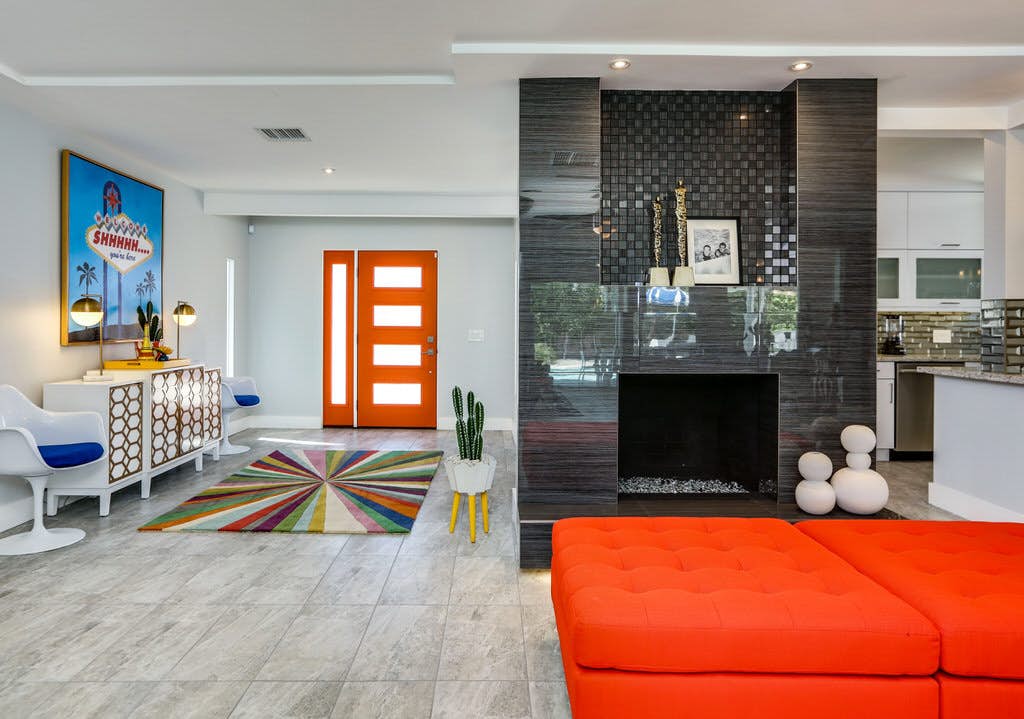 modern gas fireplace inside of Palm Springs vacation home