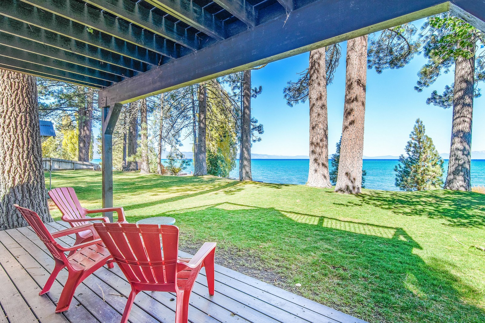 The back patio with two chairs overlooking Lake Tahoe.