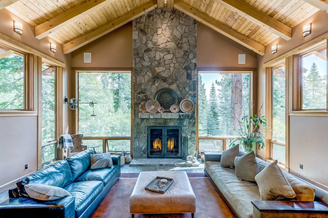 large stone fireplace of Truckee, CA cabin rental
