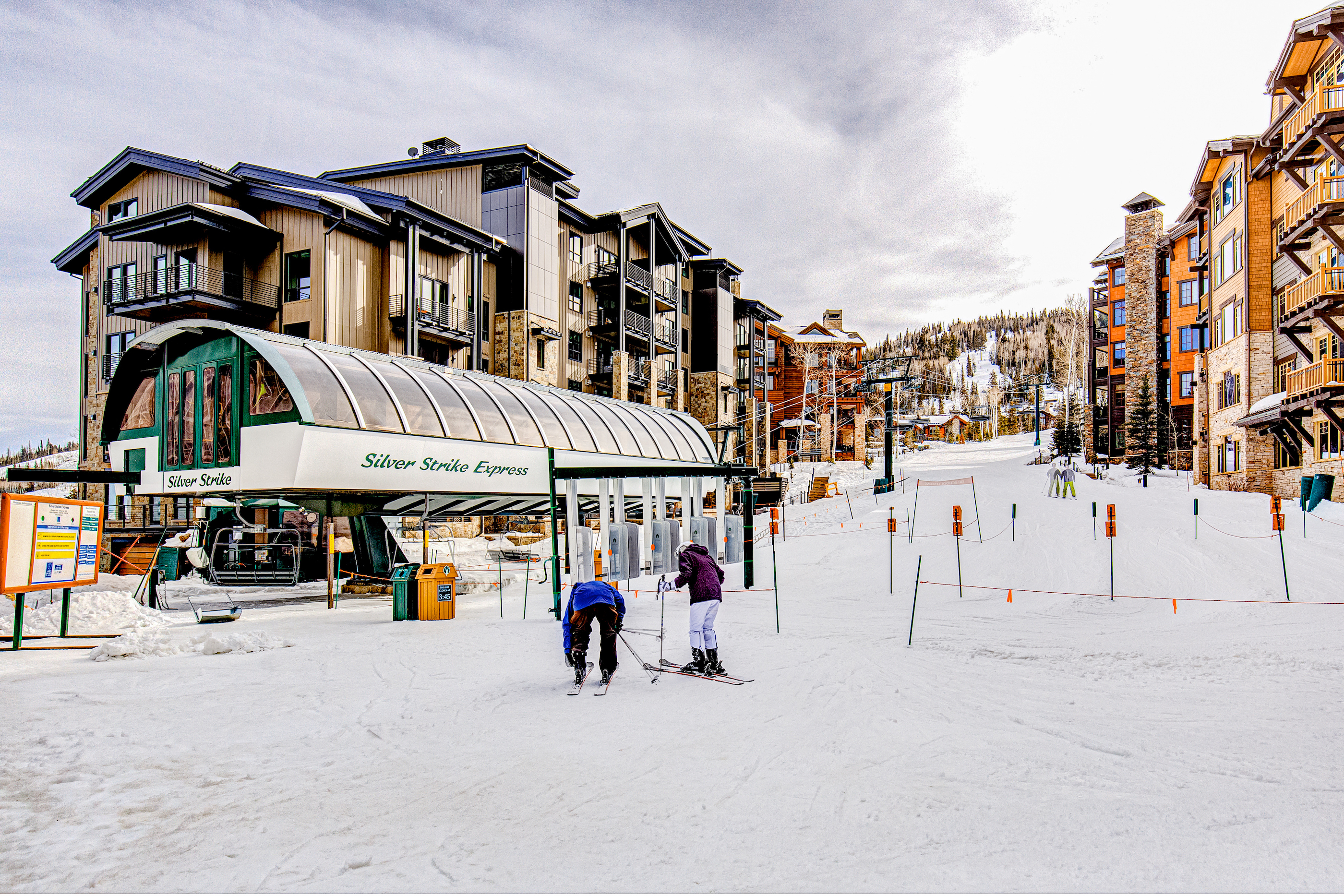 Skiers headed to a lift from their ski-in/ski-out vacation rental in Park City, Utah.