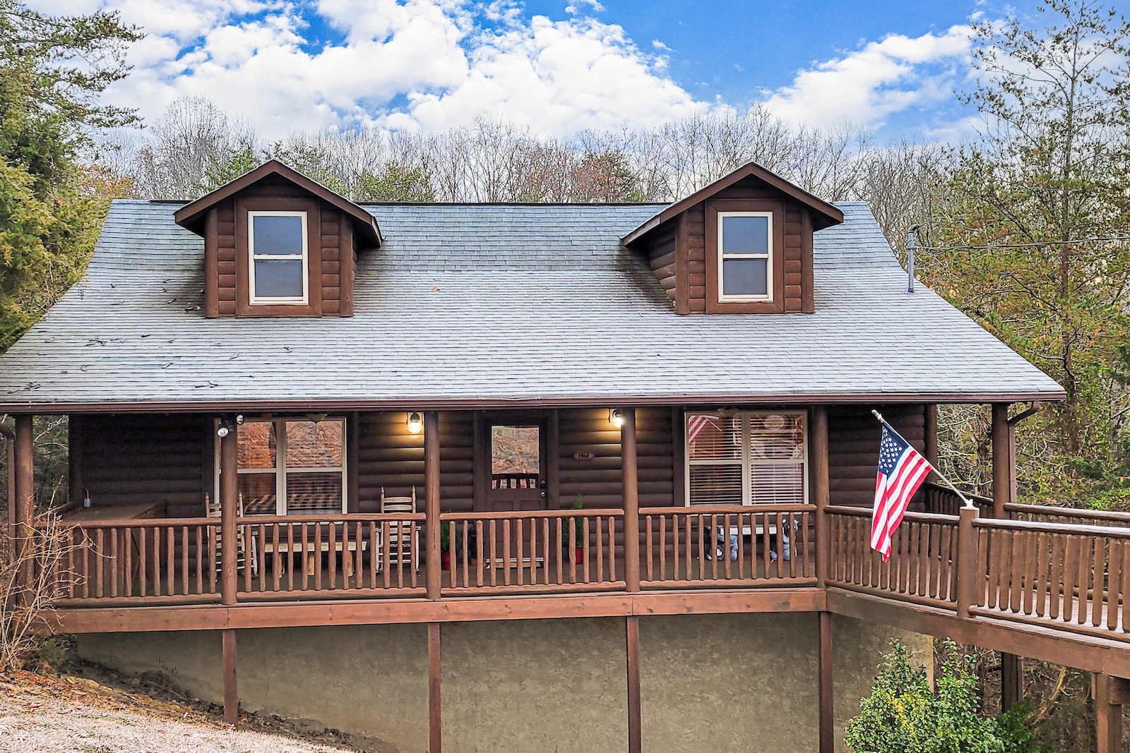 The exterior of a cabin rental in the Smokies located in Sevierville.