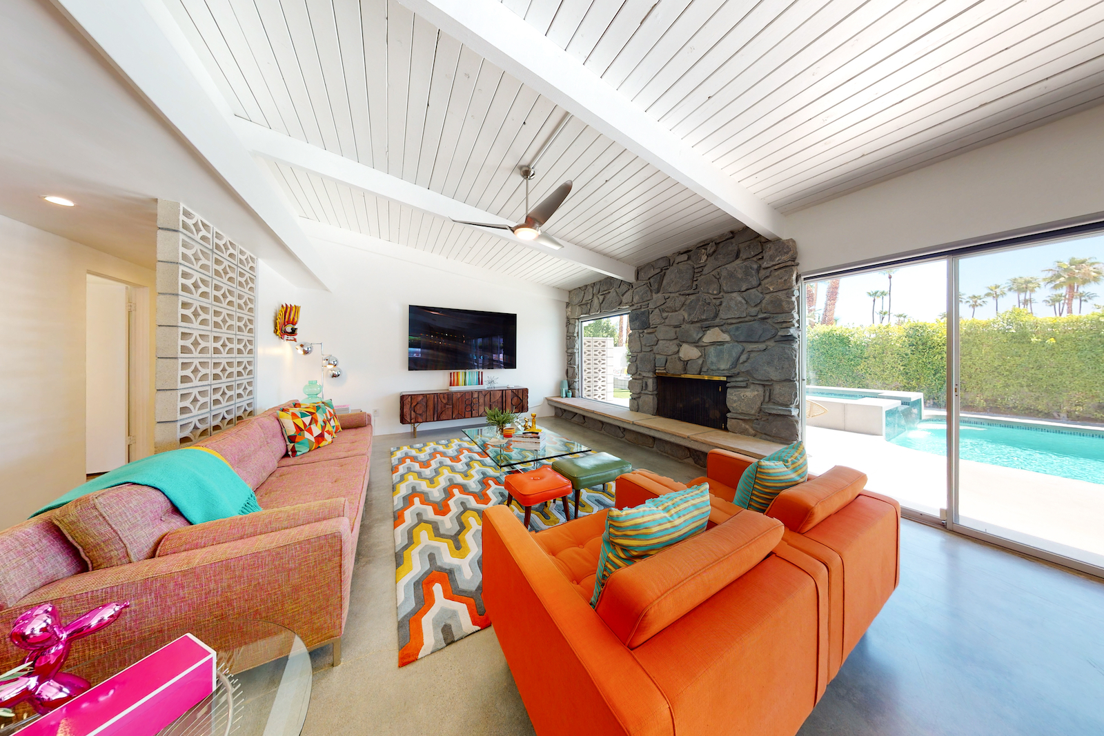 The living room with modern design at a vacation rental in Palm Springs.
