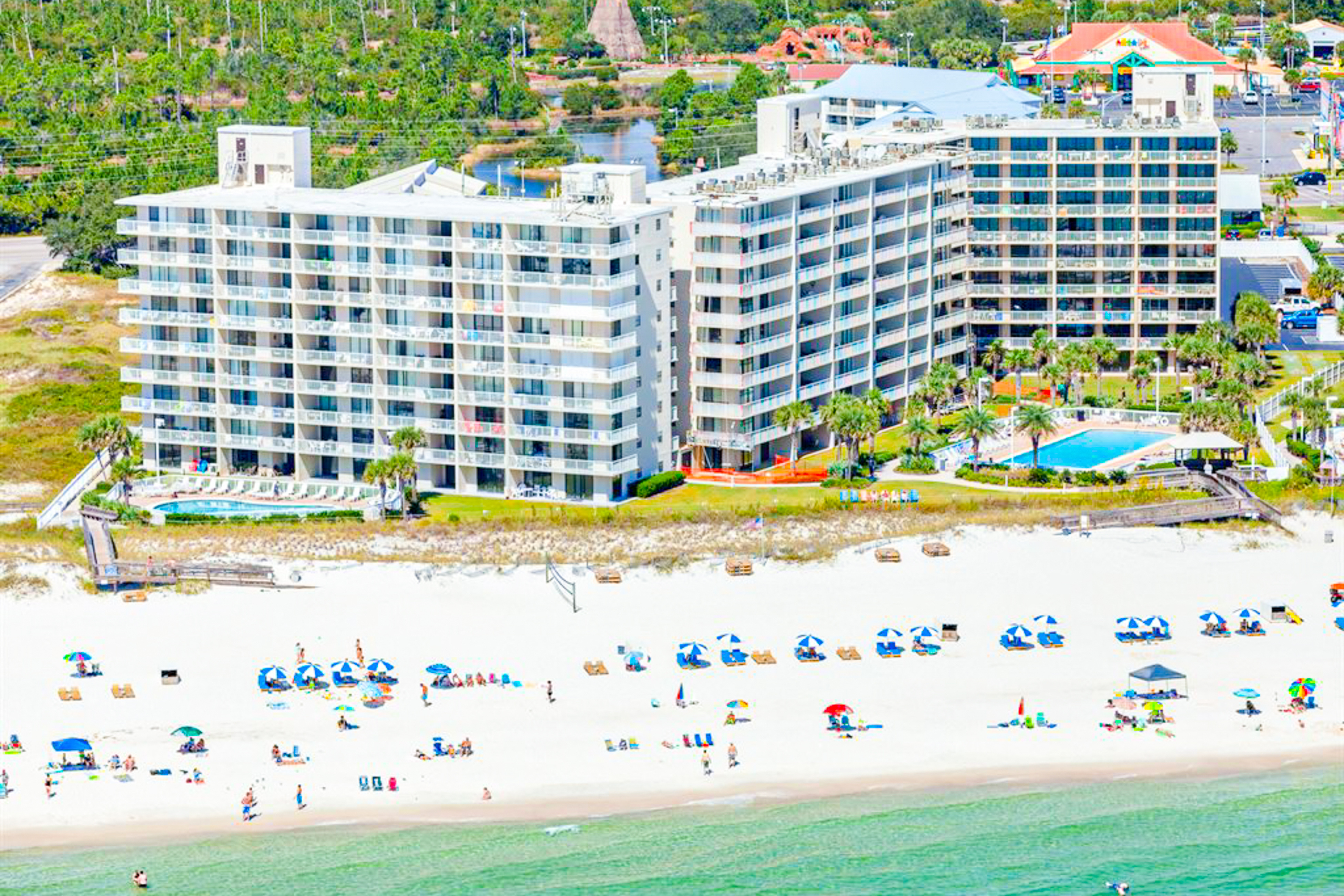 Aerial shot of the Beachside Racquet Club in Orange Beach taken from the beach.