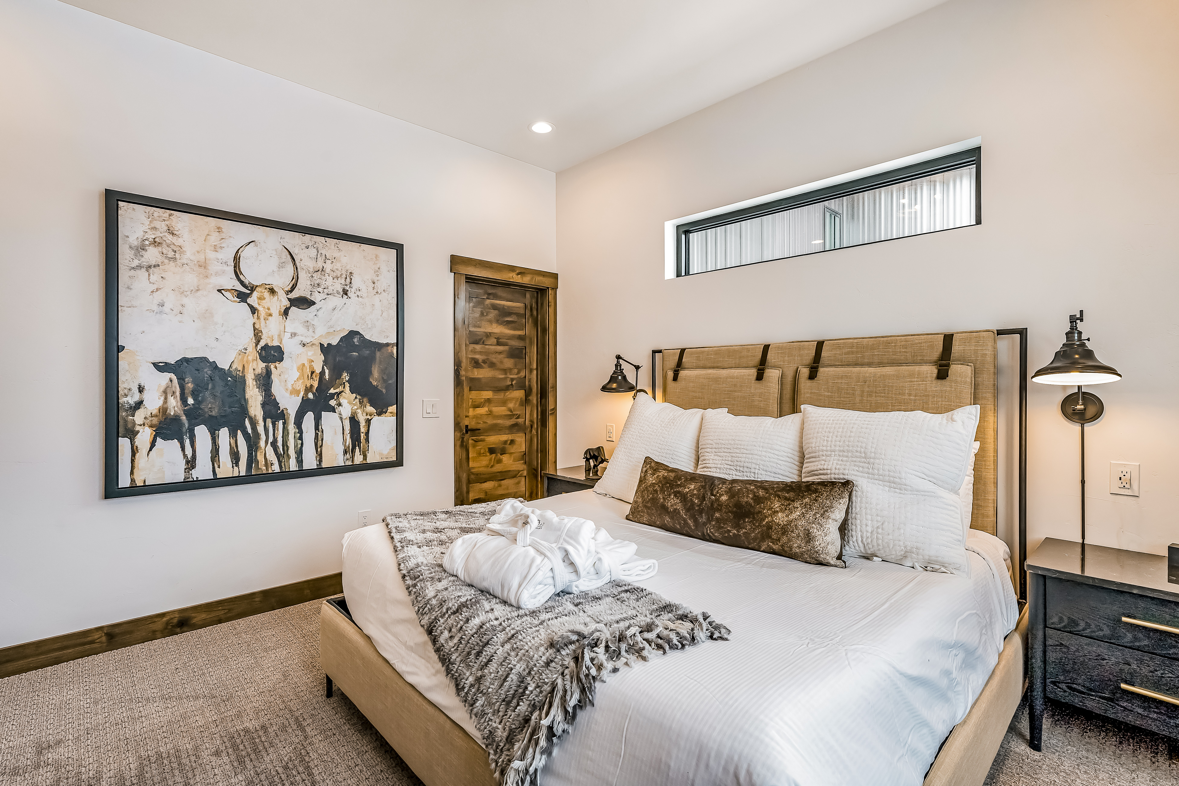 bedroom decorated with modern ski chalet decor