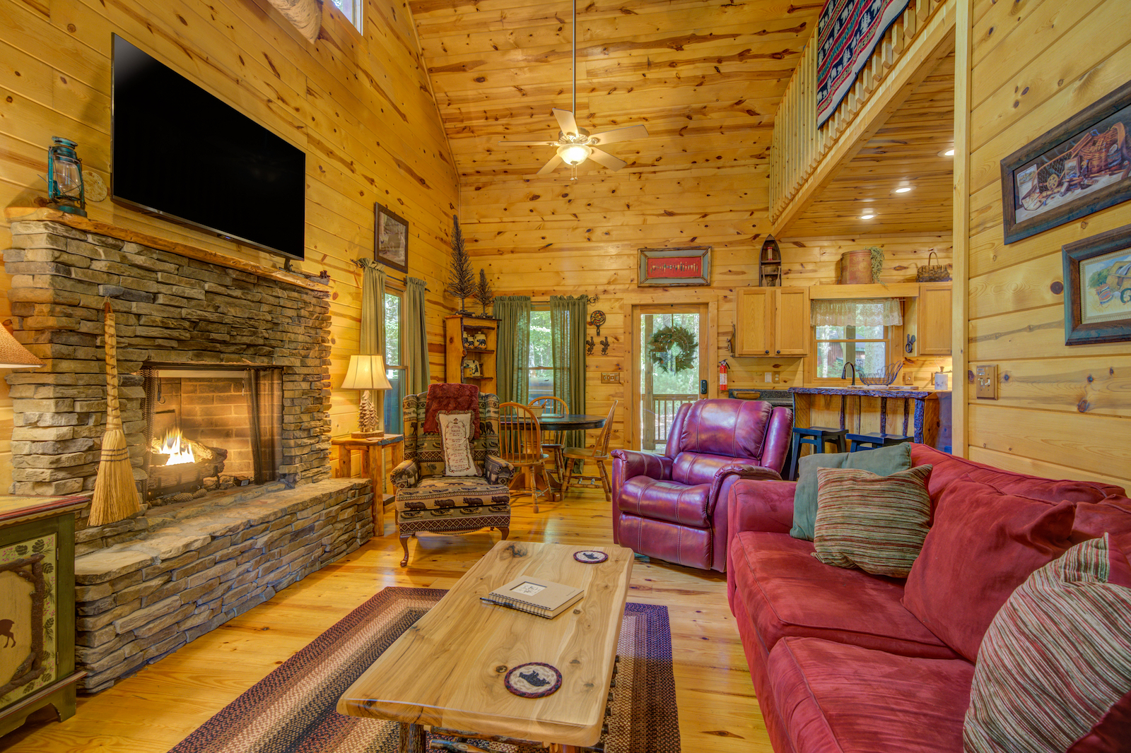 The living room of a cabin rental in Blue Ridge, GA.