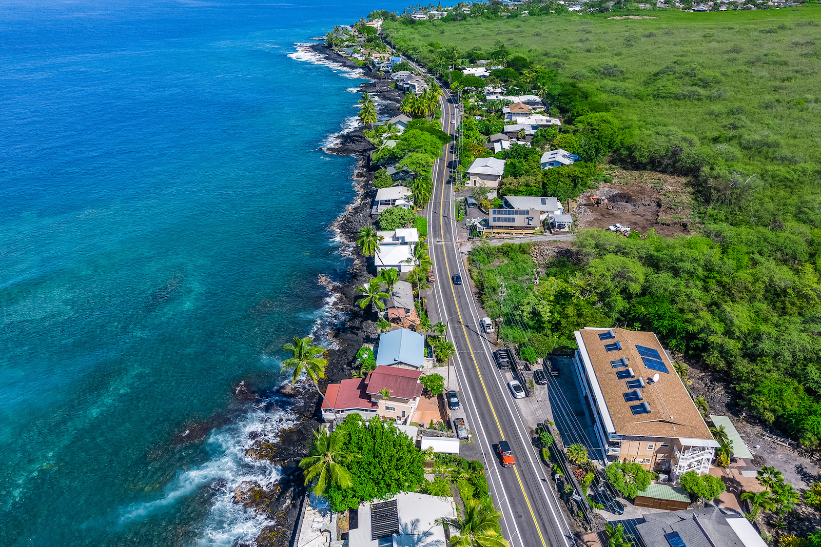 Aerial shot of a road on The Big Island in Hawaii.