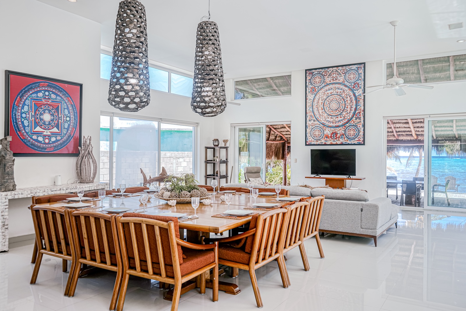 The dining and living area at a Tulum vacation rental.