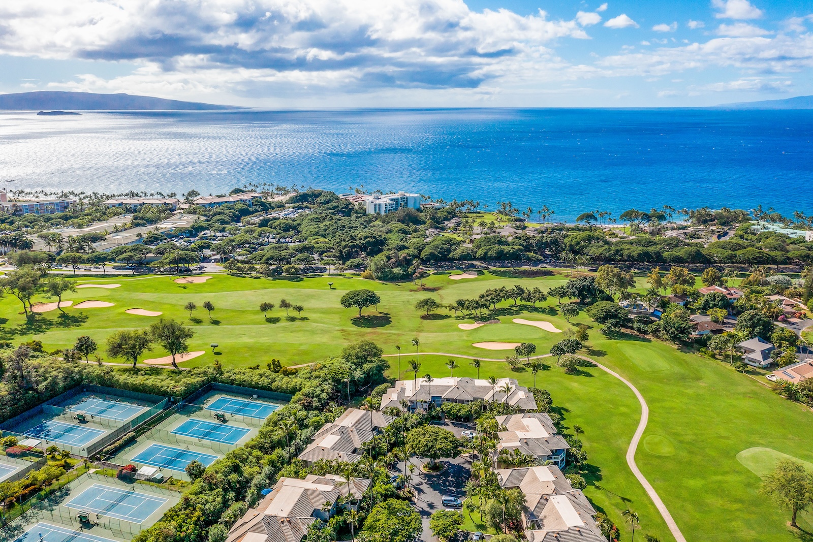 Drone shot of a golf course in Maui.