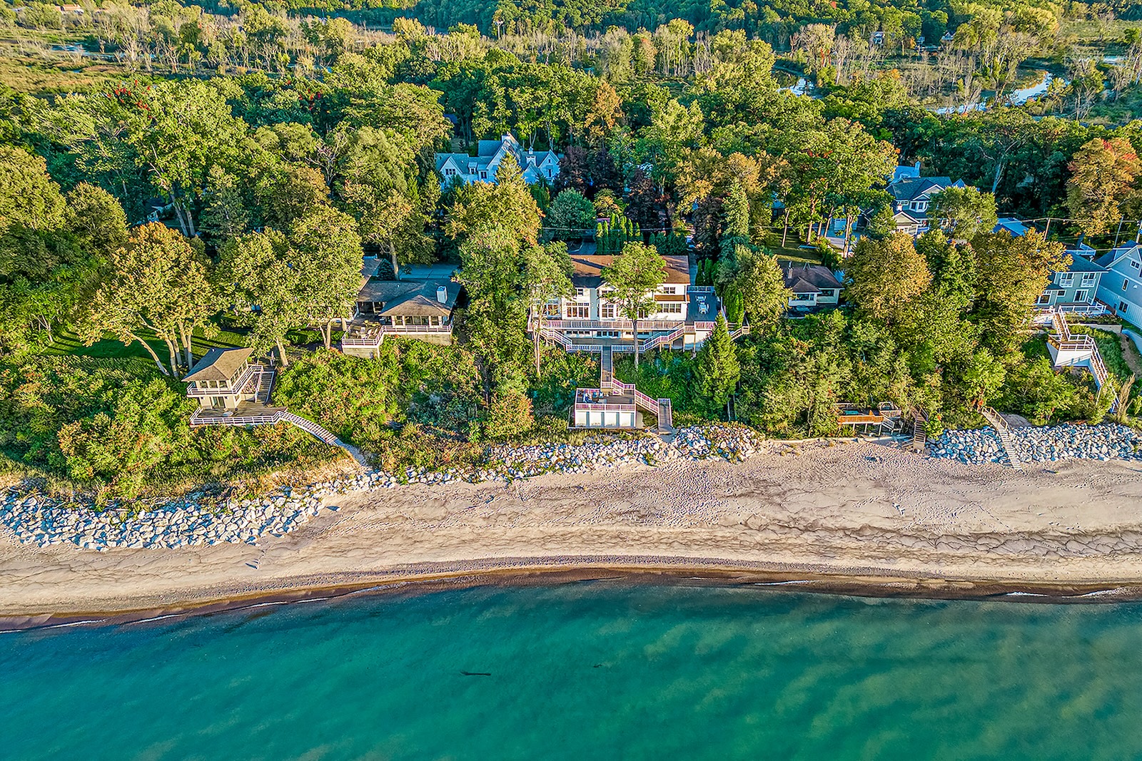 Drone shot of a lakehouse in New Buffalo, MI.