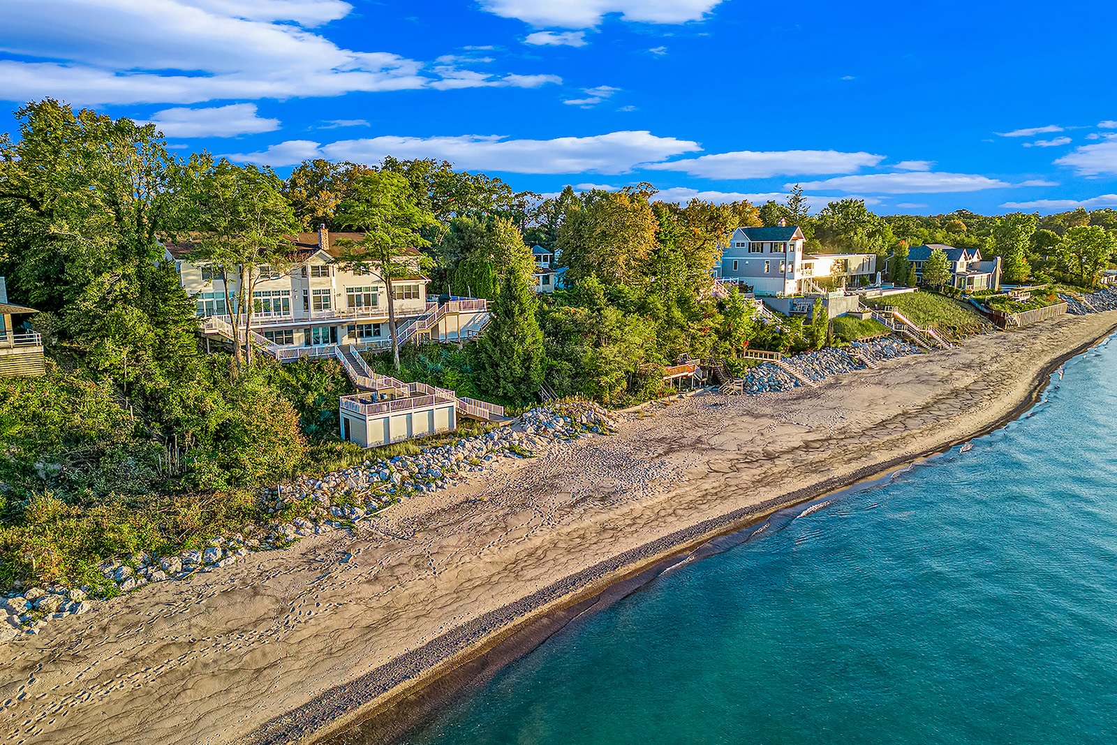 Drone shot of a vacation home on the lake in New Buffalo, MI.